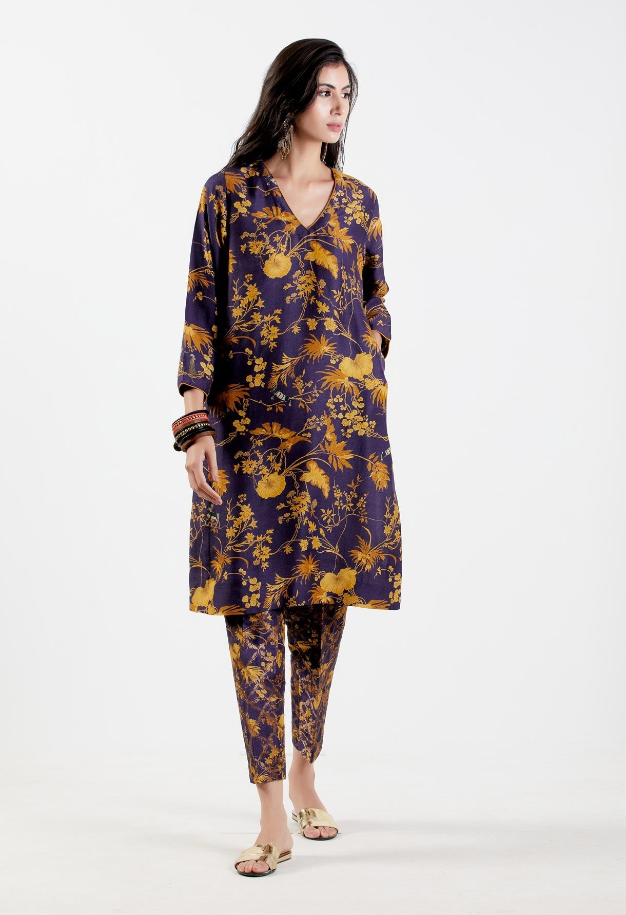 Elegant V Neck Kurta for Women - Premium Muga Satin Gold Embroidered Tunic - Perfect for Festivals, Weddings & Special Occasions