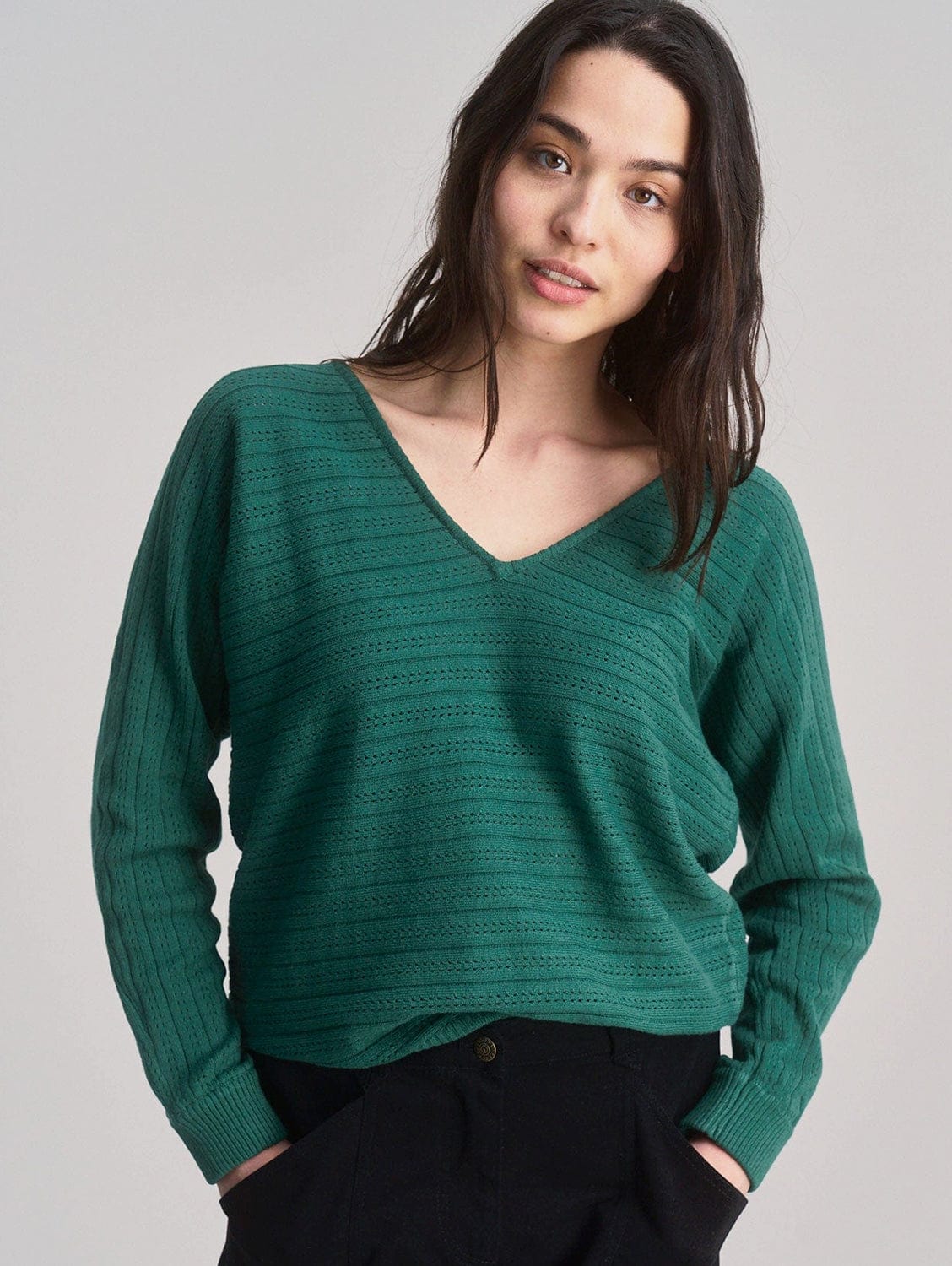 Organic Cotton Pointelle Knit Jumper for Women | Soft & Breathable Dark Green Sweater | Casual Wear, Office Outfits & Cozy Loungewear