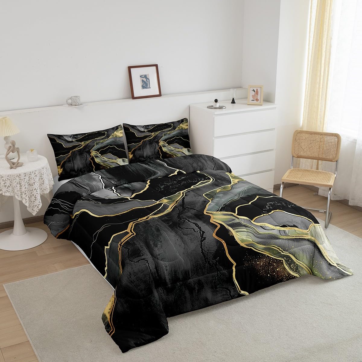 Luxury Black Gray Comforter Set with Marble Gold Sequins - Twin Size Bedding Set for Kids, Boys, Girls & Teens | Soft Lightweight Duvet Cover with Abstract Marble Texture Print | Includes 1 Pillowcase | Perfect for Bedroom Decor, Gift Ideas & Cozy Sleep