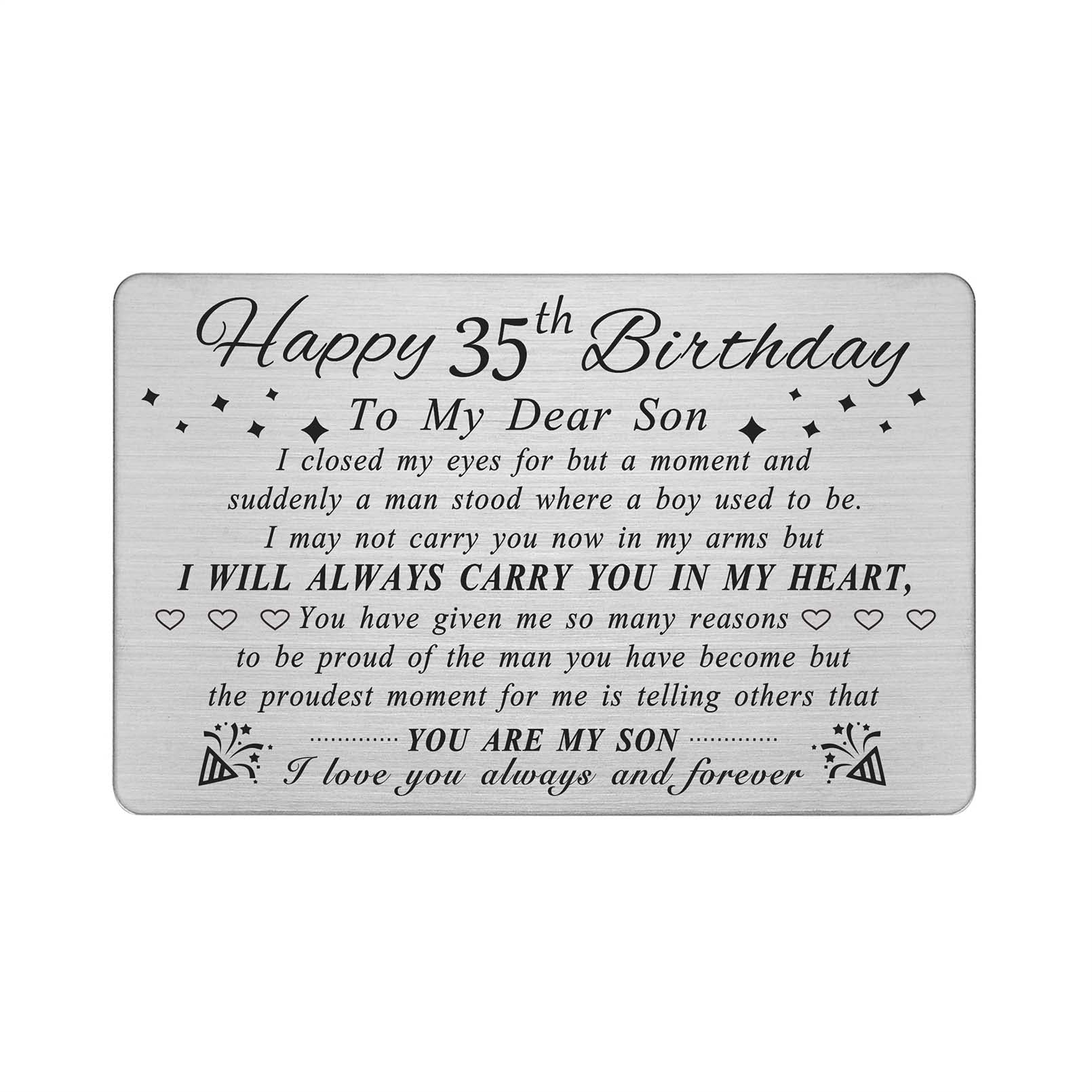 Personalized Steel Engraved 35th Birthday Card for Son - Unique Gift for 35 Year Old Men - Wallet Card with Custom Message - Perfect for Birthday Celebrations, Father-Son Bonding & Special Occasions