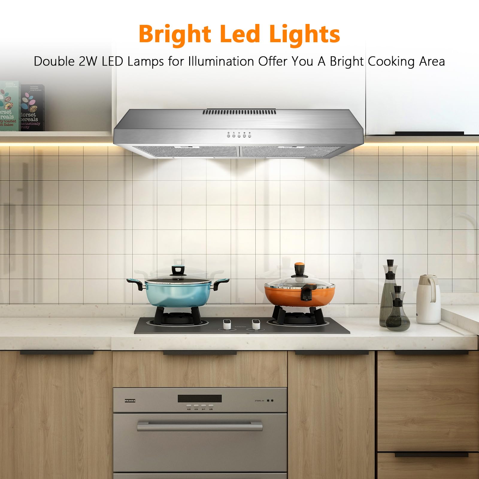 30 Inch 600 CFM Under Cabinet Range Hood - Stainless Steel Kitchen Vent Hood with 3 Speed Exhaust Fan & LED Lights | Strong Suction for Duct/Ductless Convertible | Perfect for Small Kitchens, Apartments & Remodeling Projects