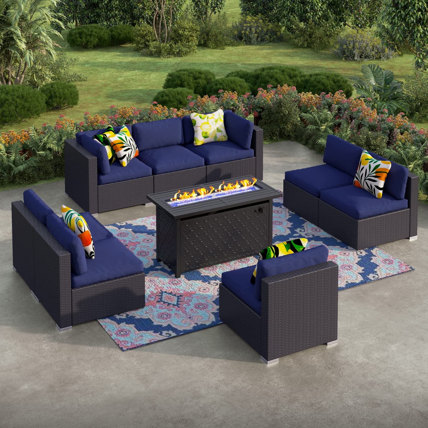 Outdoor Patio Furniture Set with Gas Fire Pit Table - 8-Piece Wicker Rattan Sectional Sofa Set, 45