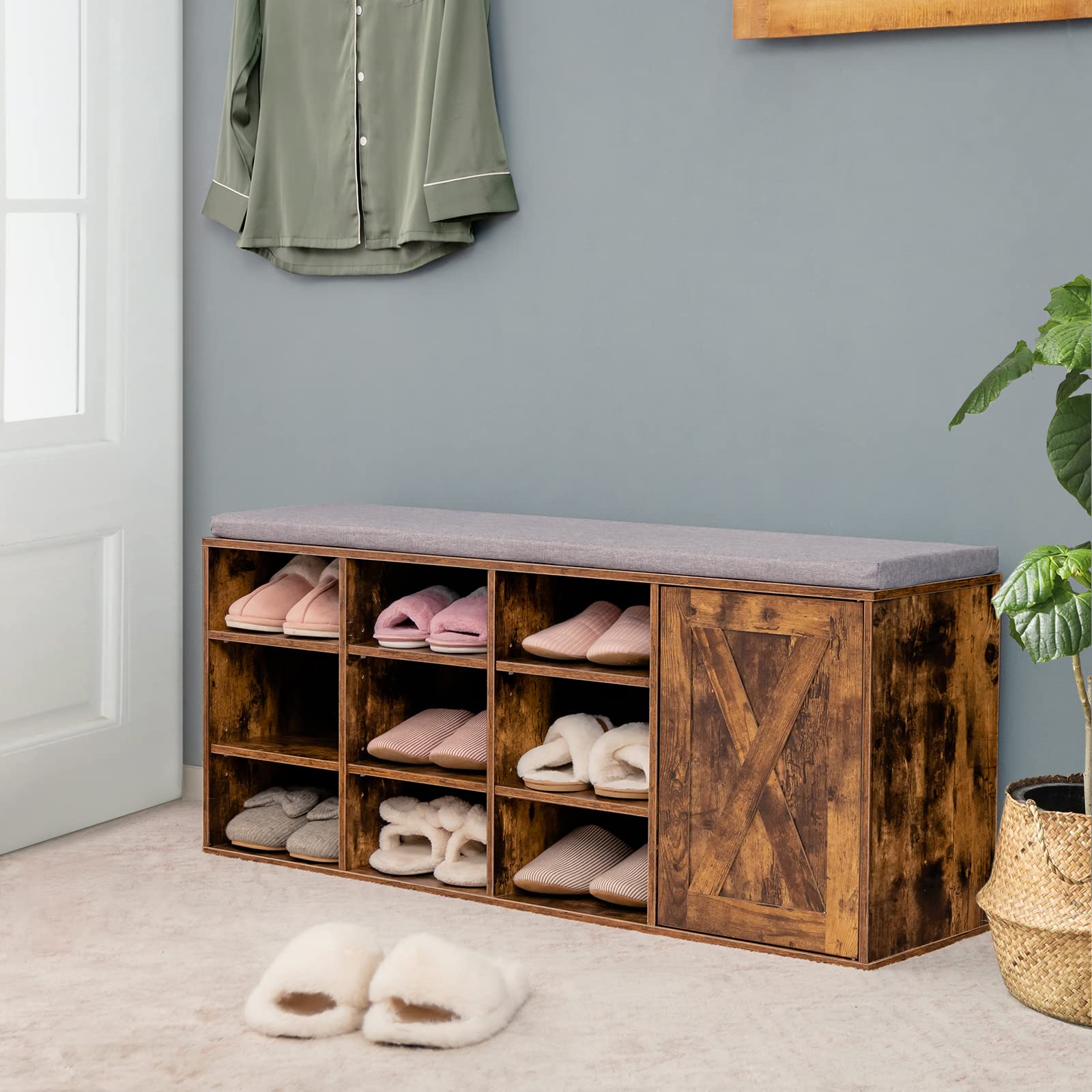 Giantex 9-Cube Shoe Storage Bench with Adjustable Shelves & Removable Cushion - 3-Tier Entryway Organizer for Shoes, Hats & Accessories - Rustic Brown Cabinet for Hallway, Living Room & Bedroom Storage Solution
