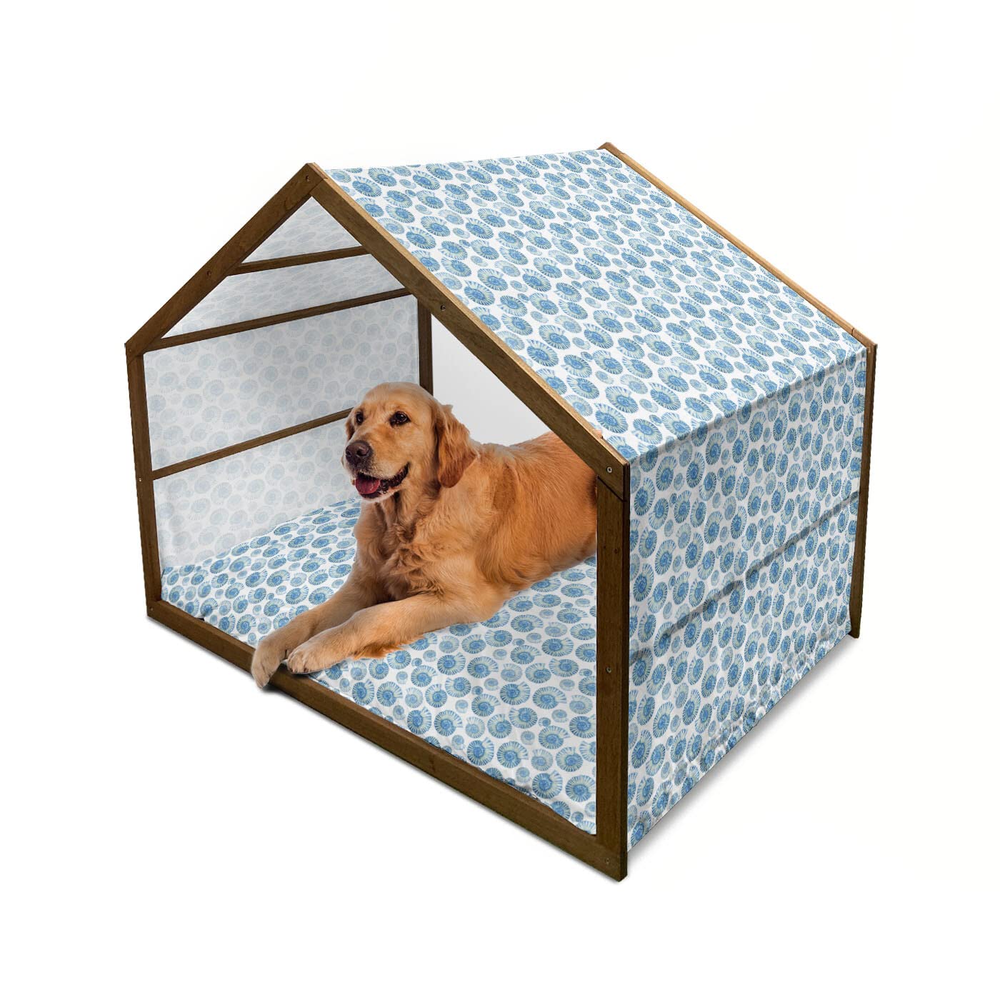 Ambesonne Wooden Dog House with Watercolor Shell Design - Indoor & Outdoor Portable Pet Kennel with Pillow & Cover - X-Large Size in Blue, Pale Blue & White - Perfect for Beach Houses, Backyards & Coastal-Themed Decor
