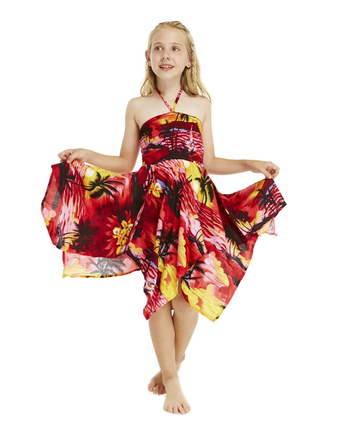 Matching Father and Daughter Hawaiian Luau Shirts - Tropical Sunset Print Aloha Shirt for Men & Boho Gypsy Dress for Girls | Perfect for Luau Parties, Beach Vacations, and Family Photoshoots
