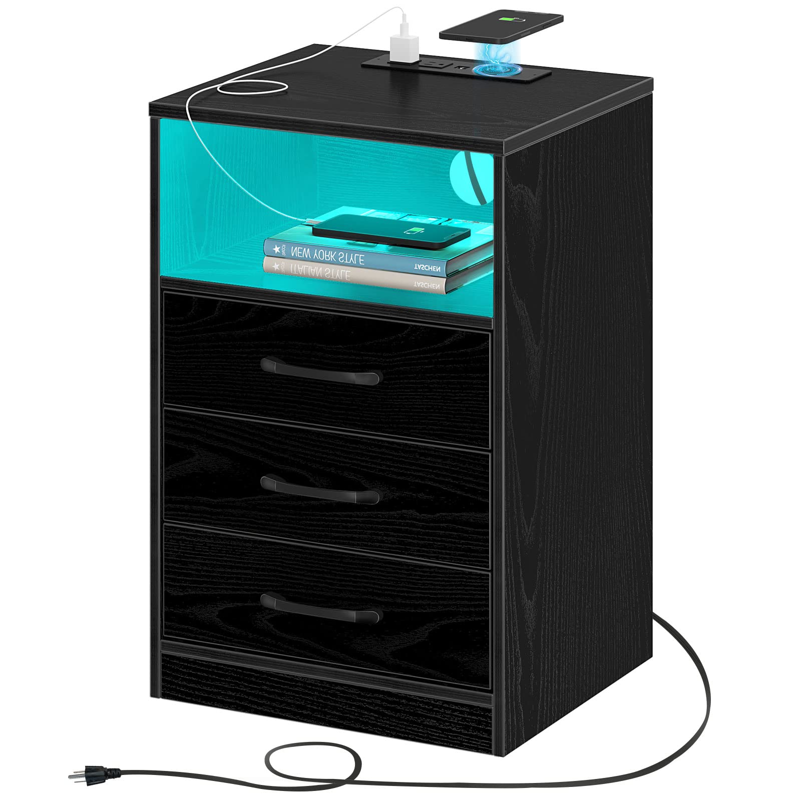 Modern Nightstand with Wireless Charging Station & LED Lights - 3 Drawer Bedside Table with Open Shelf, Black - Perfect for Bedroom, Living Room or Office Storage