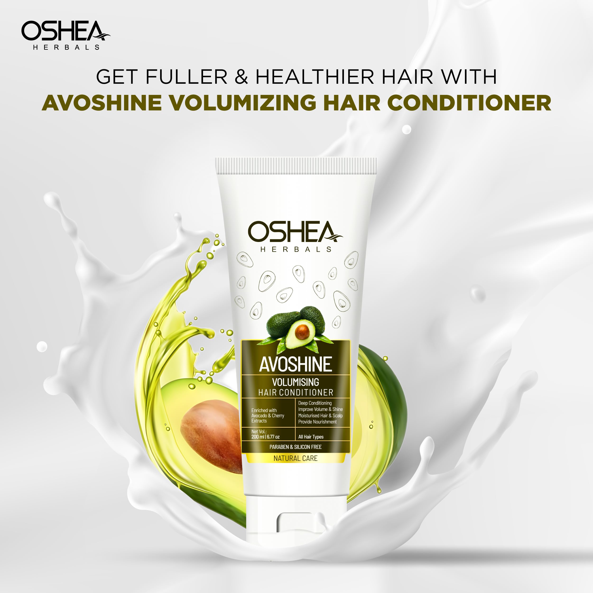 Oshea Herbals Avoshine Volumizing Hair Conditioner for Men & Women - Deep Conditioning Treatment with Avocado & Cherry Extract for Smooth, Shiny & Frizz-Free Hair | Paraben & Silicone Free | 200ml | Perfect for Daily Hair Care & Salon-Like Results at Home