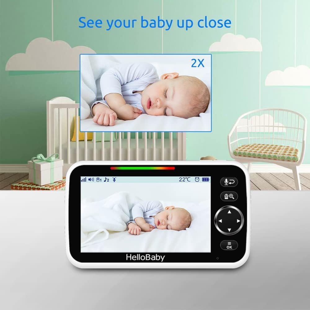 HelloBaby Upgrade 5-Inch Baby Monitor with 2 Cameras & Mount - 26-Hour Battery Life, No Tools or Wall Damage Required - Perfect for Nursery, Bedroom & Travel Use