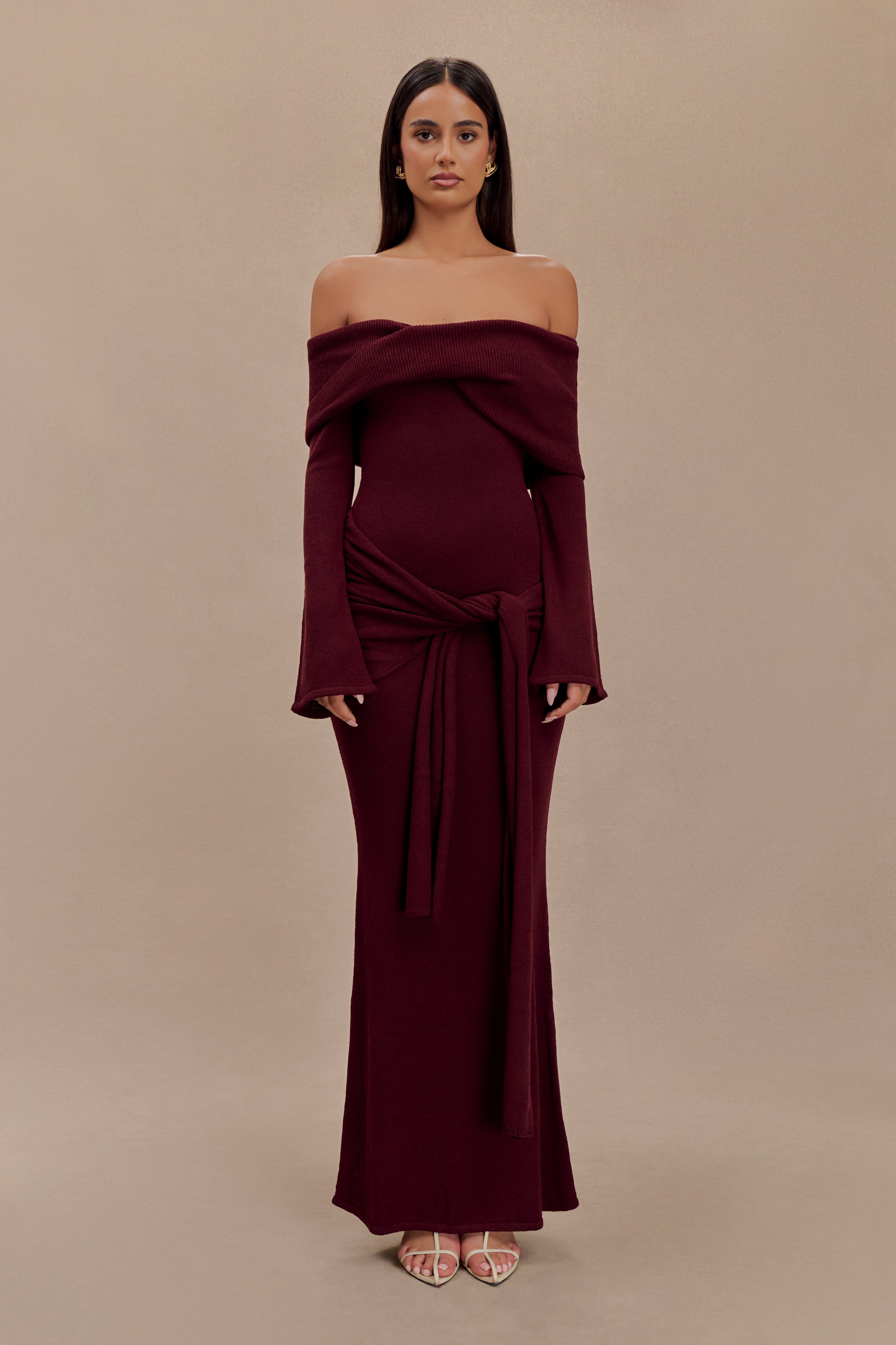 Elegant Off Shoulder Tie Maxi Dress in Merlot - Perfect for Weddings, Parties & Summer Vacations
