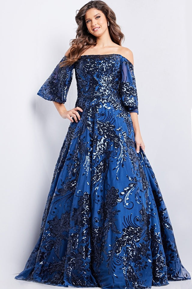 Jovani 23765 Navy Off the Shoulder Embellished Gown