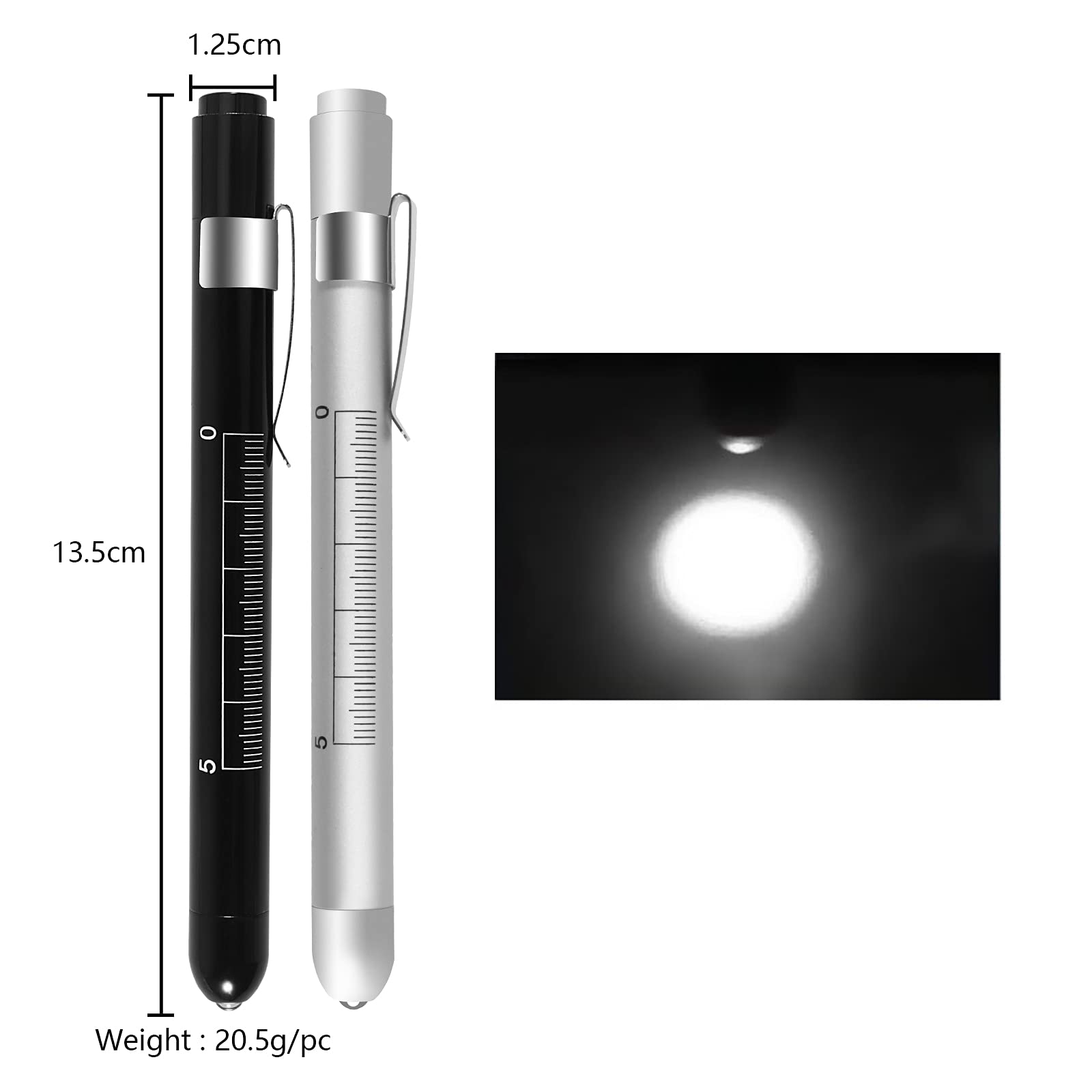 2 Pack LED Pen Light for Nurses & Medical Professionals - Reusable White Light with Pupil Gauge & Ruler (Black & Silver) - Perfect for Eye Exams, Emergency Kits & Clinical Use