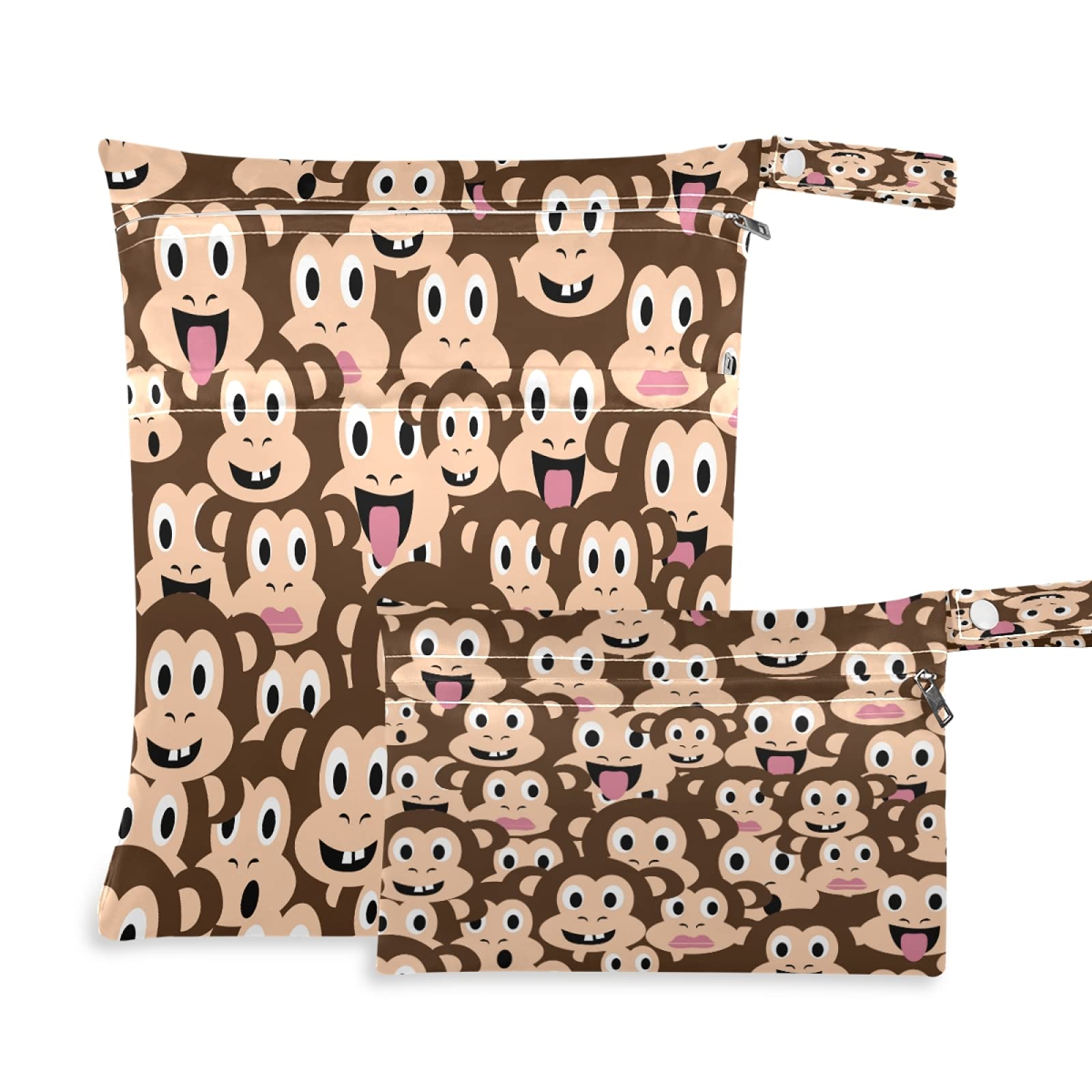 2-Pack Waterproof Wet Dry Bags - Reusable Monkey Print Cloth Diaper & Swim Bag for Beach, Gym, Yoga | Washable Travel Pouch for Swimsuits, Wet Clothes & Baby Essentials