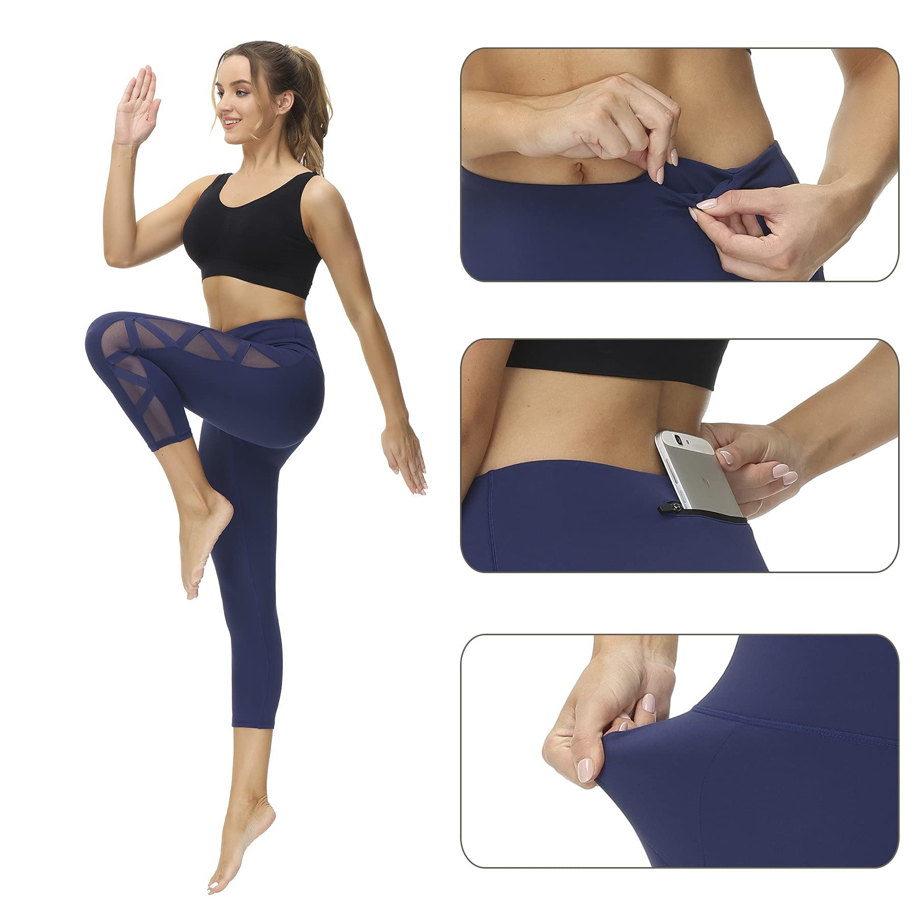 Romansong Women's High Waisted Yoga Pants with Pockets - 4-Way Stretch Mesh Capri Leggings for Workouts & Lounge | Tummy Control Non See-Through Activewear for Yoga, Running & Everyday Wear