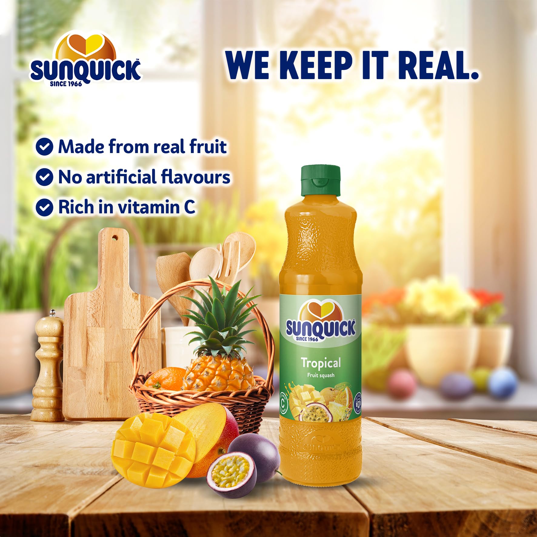 Sunquick Tropical Fruit Concentrate Juice - 700ml Bottle (Pack of 1) | 100% Natural Real Fruit Juice | No Artificial Flavors, Colors or Sweeteners | Perfect for Cocktails, Smoothies & Healthy Drinks