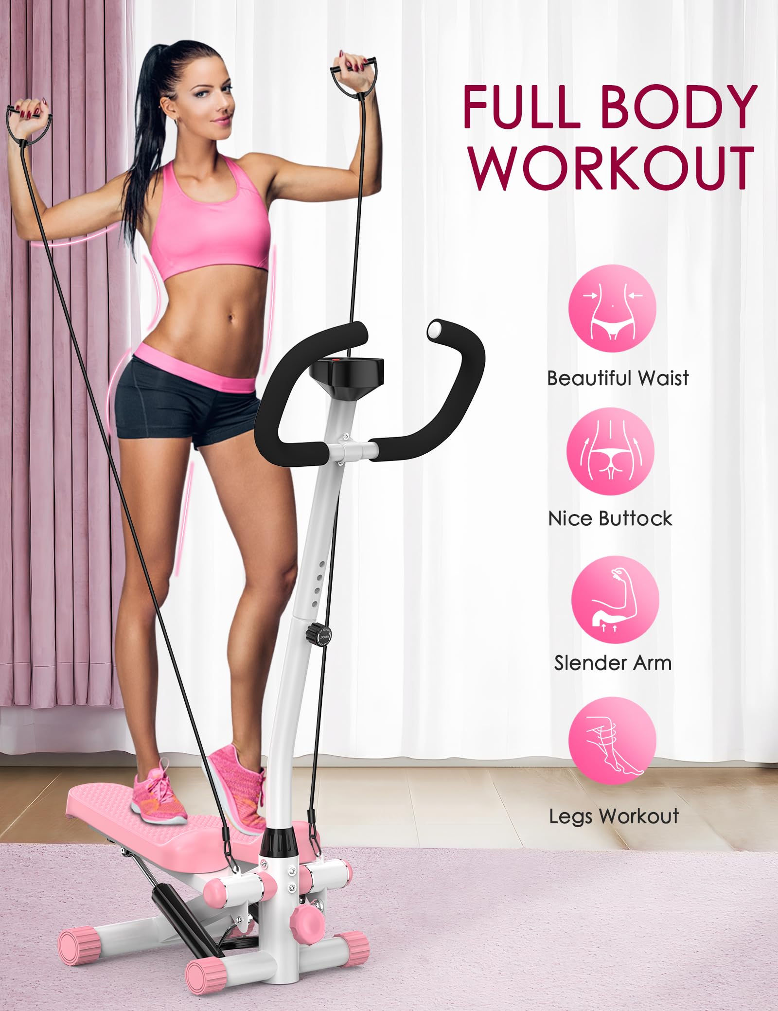 Mini Steppers for Home Workout - Pink Stair Stepper with Handlebar & Resistance Bands, 330 lb Capacity - Compact Exercise Machine for Cardio, Leg Toning & Indoor Fitness - Perfect for Small Spaces, Office or Apartment Workouts
