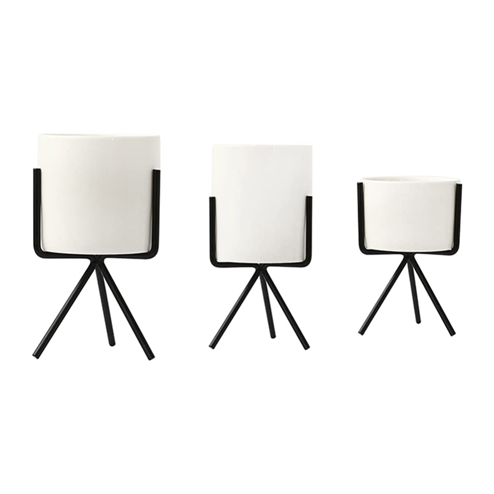 Veemoon Ceramic Flower Pot Set of 3 - Modern Indoor Planters with Iron Stand for Succulents, Cactus & Houseplants | Perfect for Home Decor, Office Desk & Gift Giving