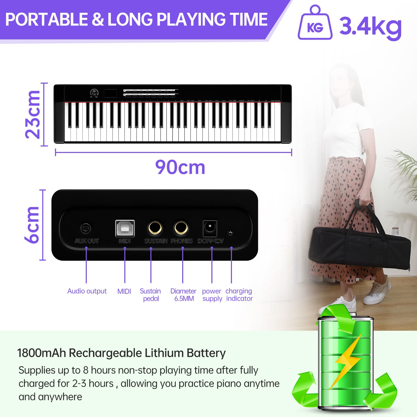 61-Key Semi-Weighted Digital Piano Keyboard with LCD Display | 1800mAh Rechargeable Battery | MIDI/USB Connectivity | Bluetooth Support | Includes Sheet Music Stand, Stickers, Audio Cable & Headphones - Perfect for Home Practice, Music Lessons & Live Performances