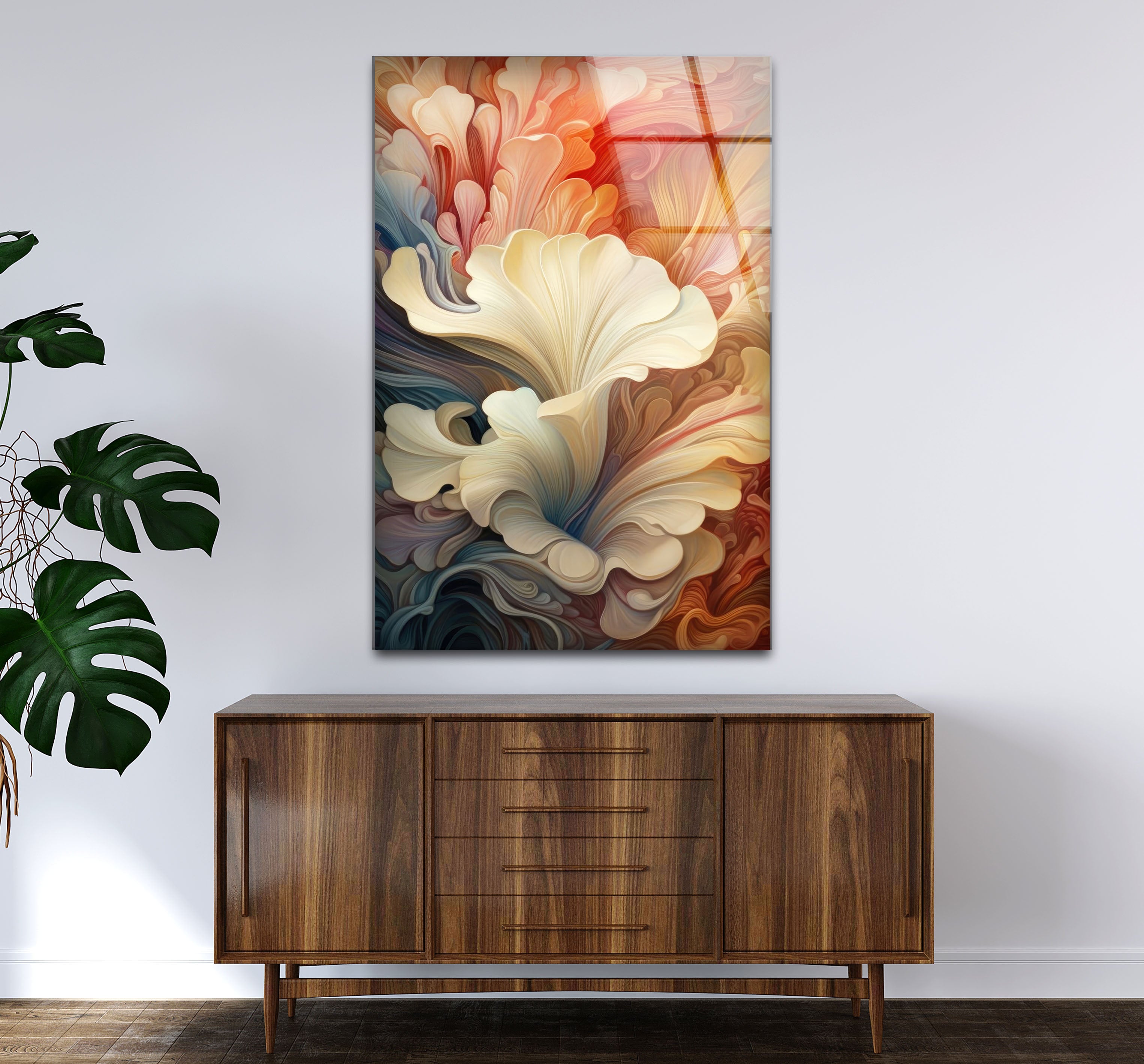 Abstract Floral Swirl Wall Art - Elegant Beige & Coral Glass Print for Modern Home Decor | Perfect for Living Room, Bedroom & Office Spaces