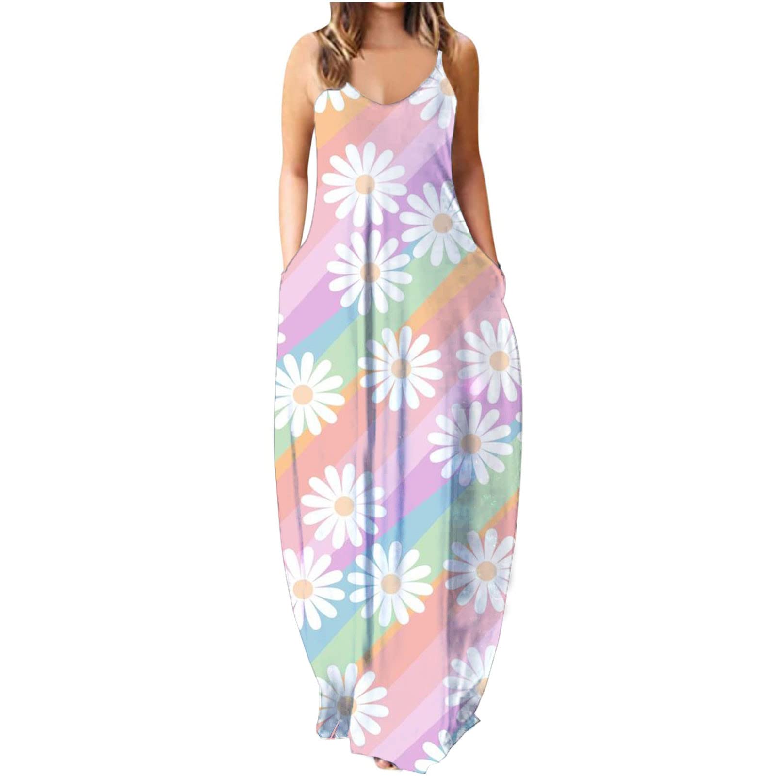 Women's Floral Maxi Dress - Sleeveless Striped Summer Beach Dress for Vacation, Casual Loose Long Dress | Perfect for Beach Getaways, Summer Parties & Boho Fashion