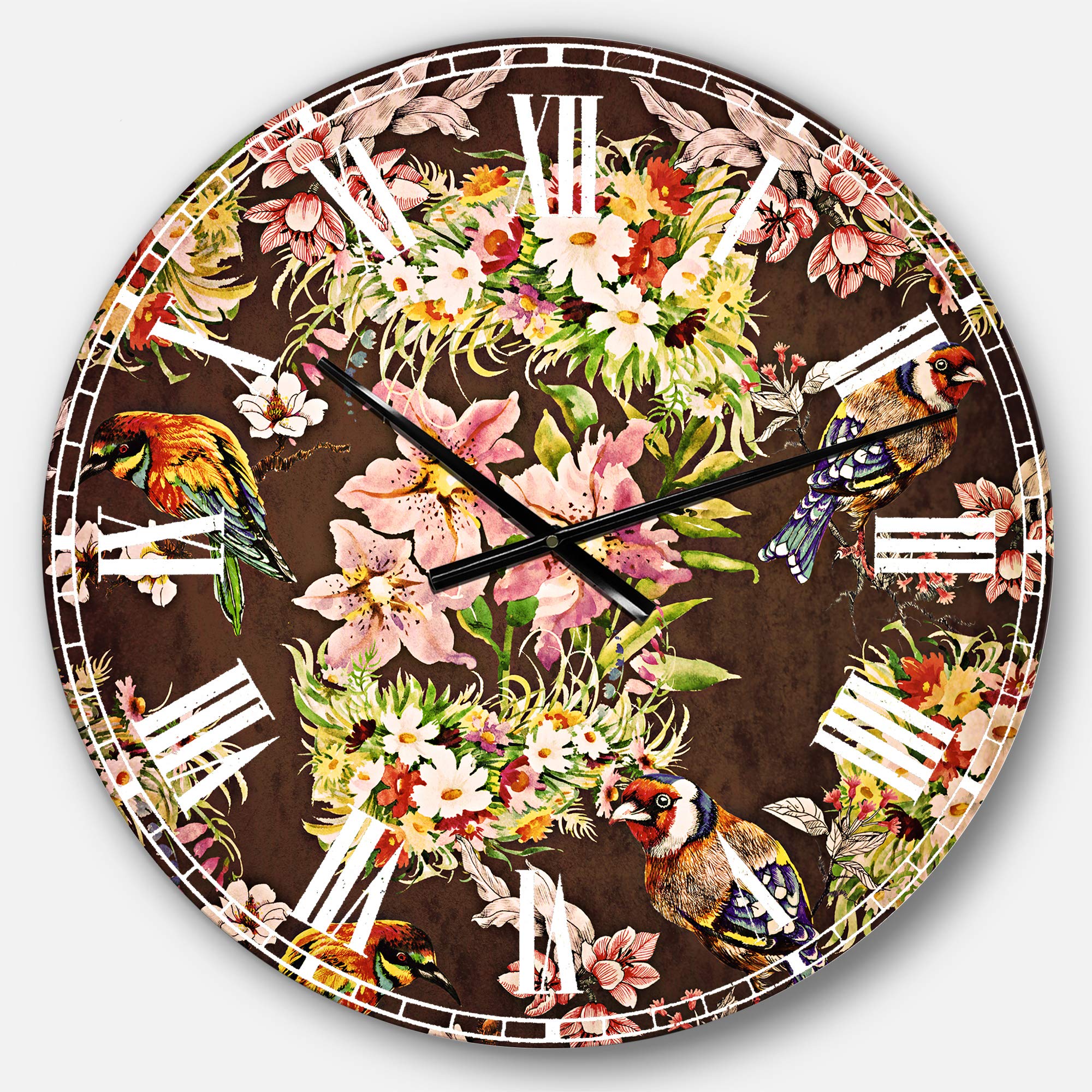Designart Colorful Birds and Flowers Round Wall Clock - Traditional Metal Wall Art Decor for Living Room, Bedroom, Office | Perfect Home Decoration Gift for Housewarming & Interior Design