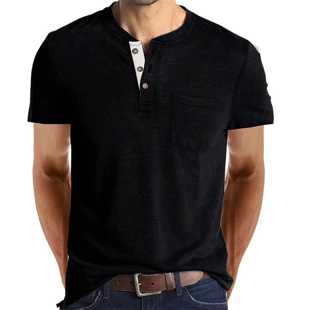 Men's Casual Short Sleeve Henley Shirt - Breathable Cotton Button-Up T-Shirt with Chest Pocket | Perfect for Summer Outings, Beach Trips and Casual Wear