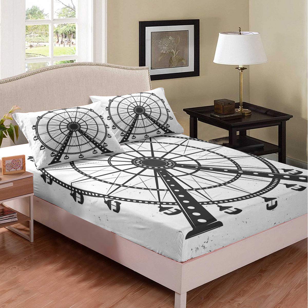 Erosebridal Kids Ferris Wheel Themed Full Size Bedding Set - Black Amusement Park Print Fitted Sheet with 2 Pillowcases | Playful Room Decor for Children's Bedroom, Theme Park Inspired Nursery
