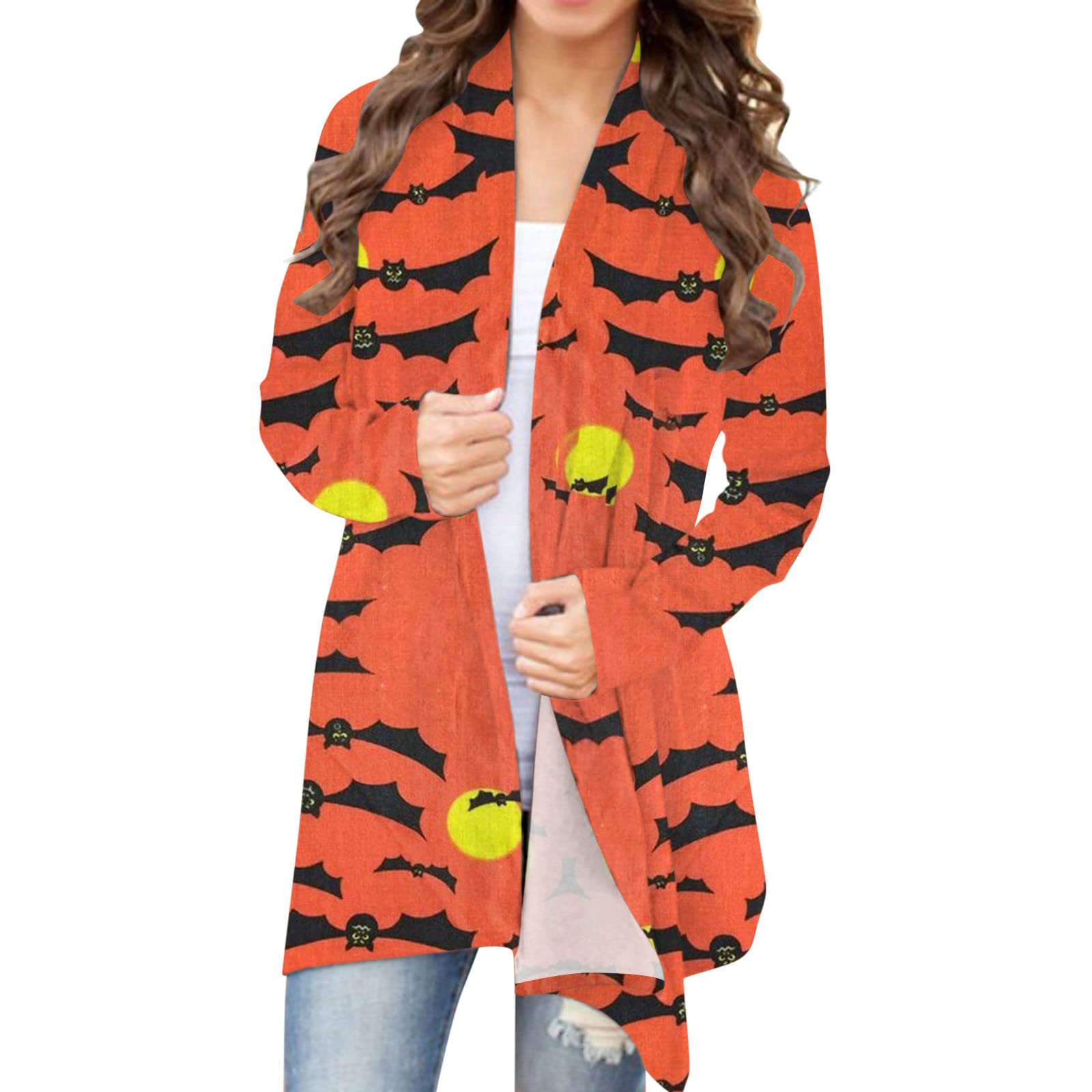 Women's Halloween Cardigan - Pumpkin Cat Print Long Sleeve Open Front Coat & Striped Sweater | Plus Size Fall Fashion for Parties, Office Wear & Cozy Home Outfits