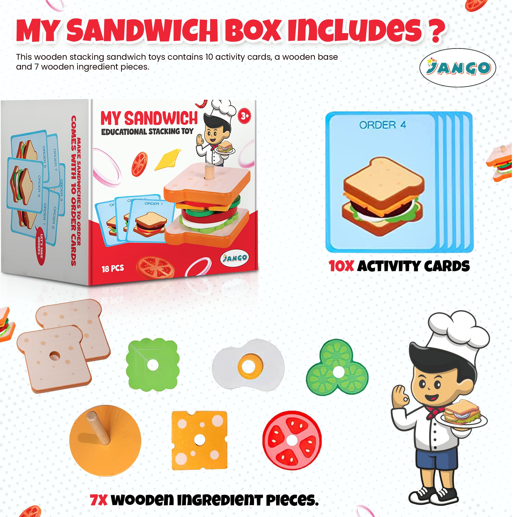 Montessori Wooden Stacking Toys for Toddlers - Burger Sandwich Set for 3 Year Old Kids | Educational Learning Toys for Fine Motor Skills Development | Preschool Play Food for Imaginative Kitchen Role Play
