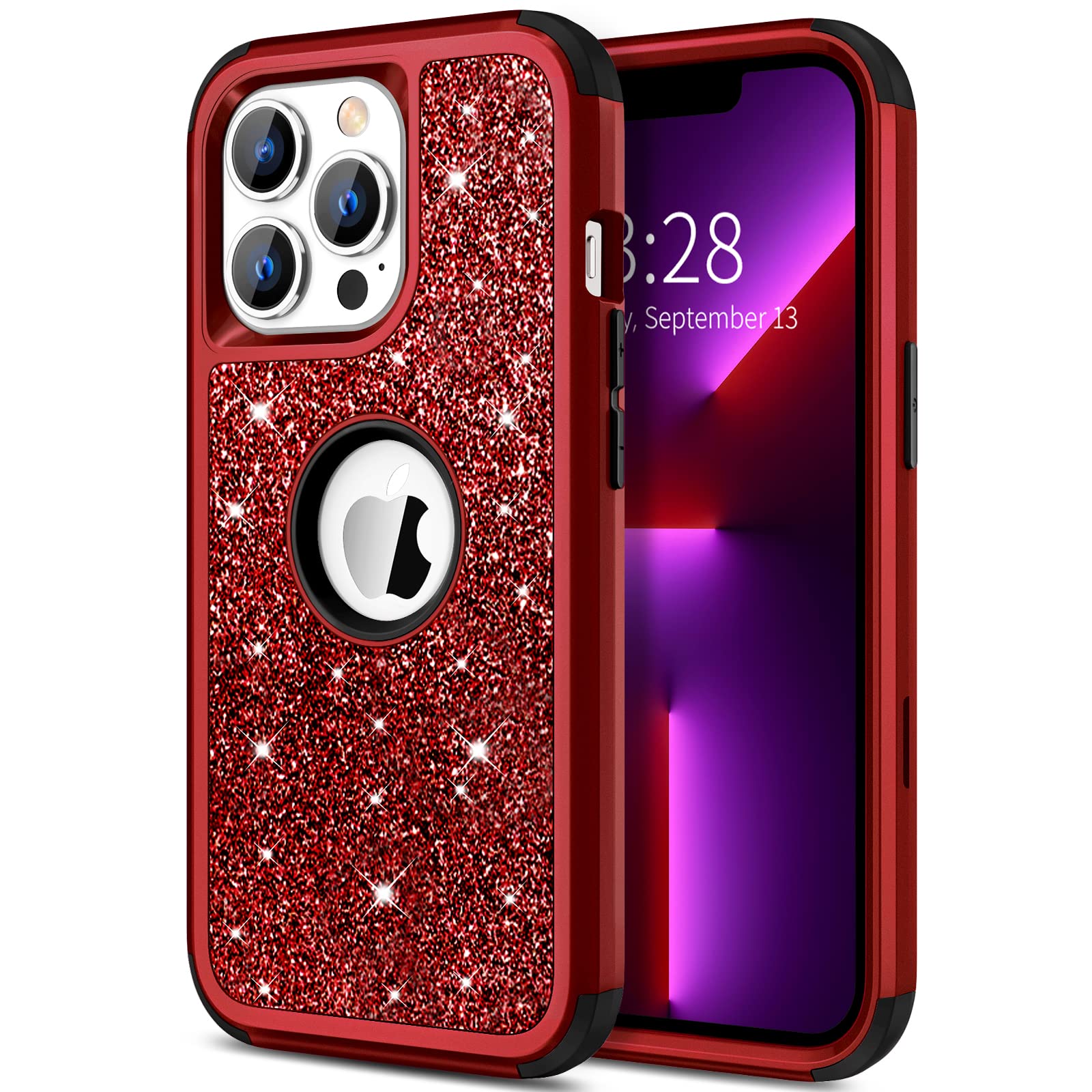 Hython Glitter iPhone 13 Pro Max Case - Heavy Duty 3-in-1 Hybrid Shockproof Protective Cover with Bling Sparkle Design for Women & Girls (Red) | Perfect for Everyday Use, Parties & Gift Giving