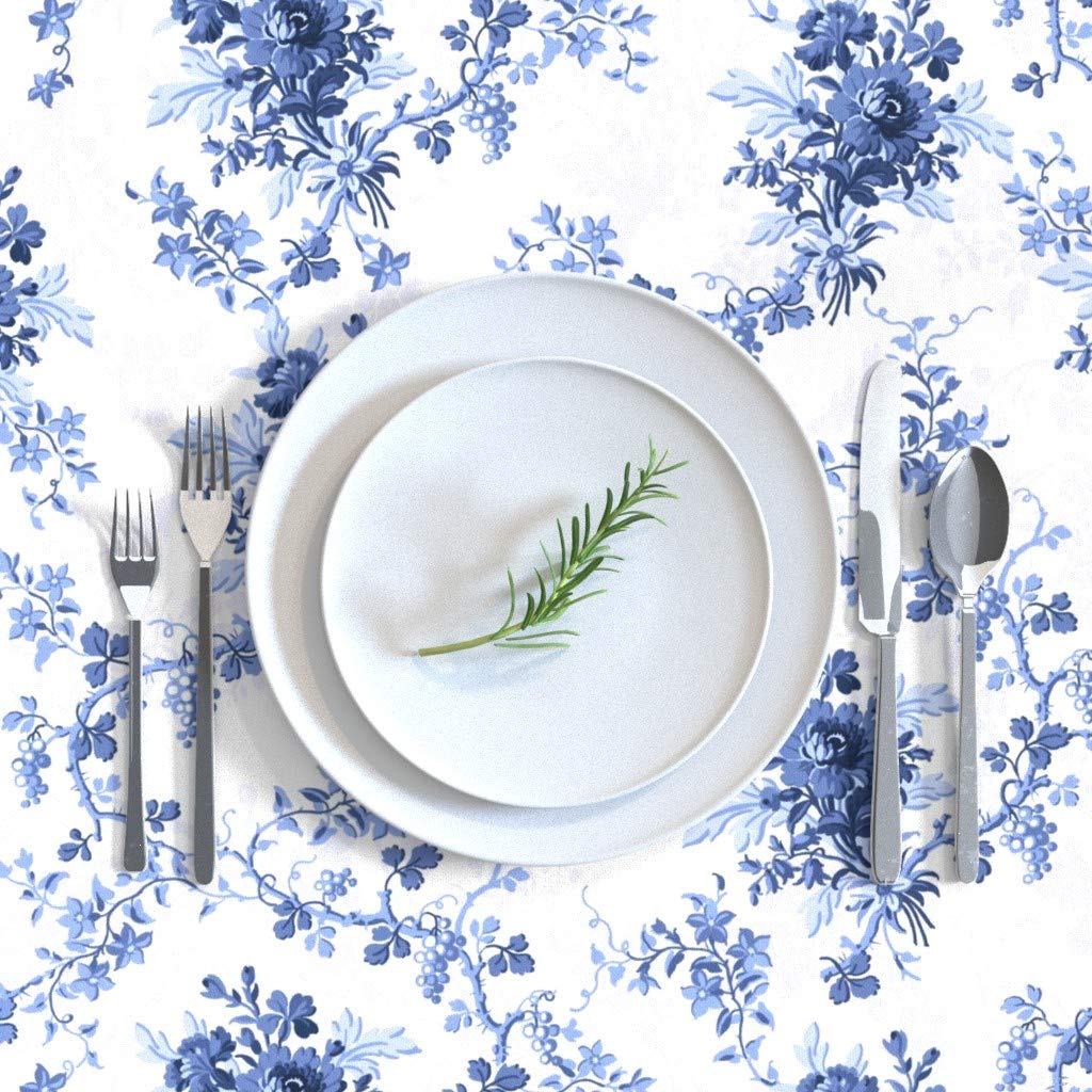 Custom Ink Navy Blue White Roses Floral Cotton Sateen Tablecloth 90
