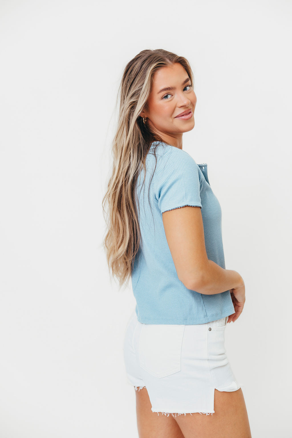 Petra Ribbed Button Up Knit Top for Women - Medium Blue Casual Sweater | Perfect for Office Wear, Date Nights & Fall Layering