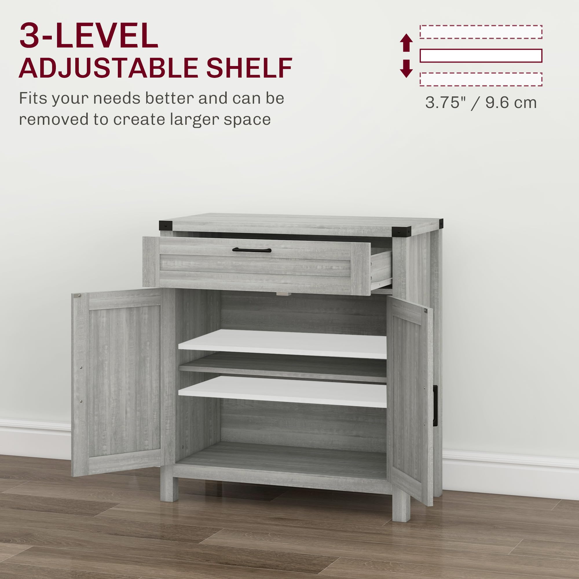 HOMCOM Modern Farmhouse Sideboard Buffet Cabinet with Storage Drawer & 2 Barn Doors - Gray Kitchen Coffee Bar Cabinet for Dining Room, Living Room & Home Decor