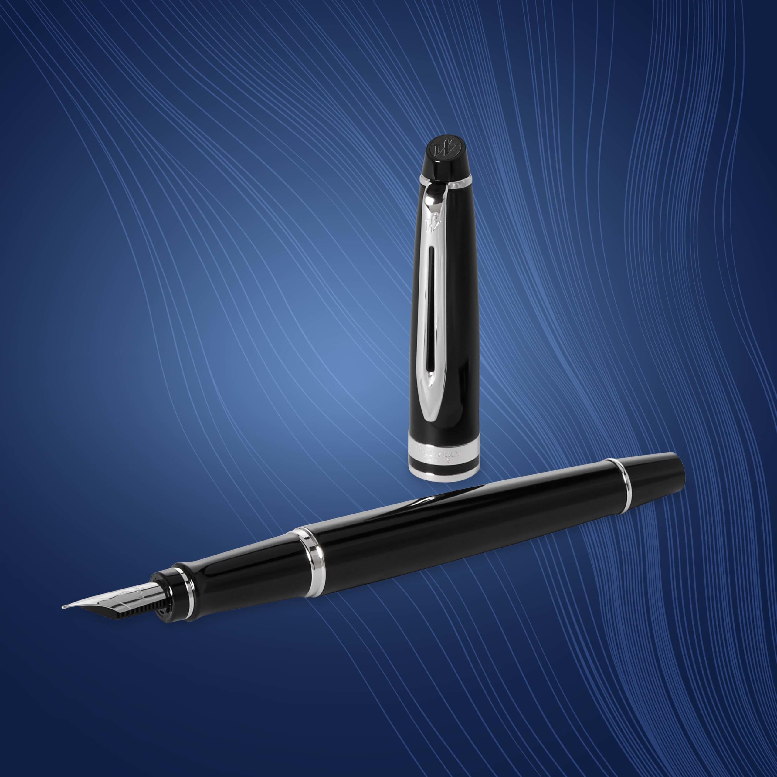 Waterman Expert Fountain Pen - Gloss Black with Chrome Trim, Medium Nib & Blue Ink Cartridge - Premium Gift Box for Writing Enthusiasts | Perfect for Business Signatures, Journaling & Elegant Gifts