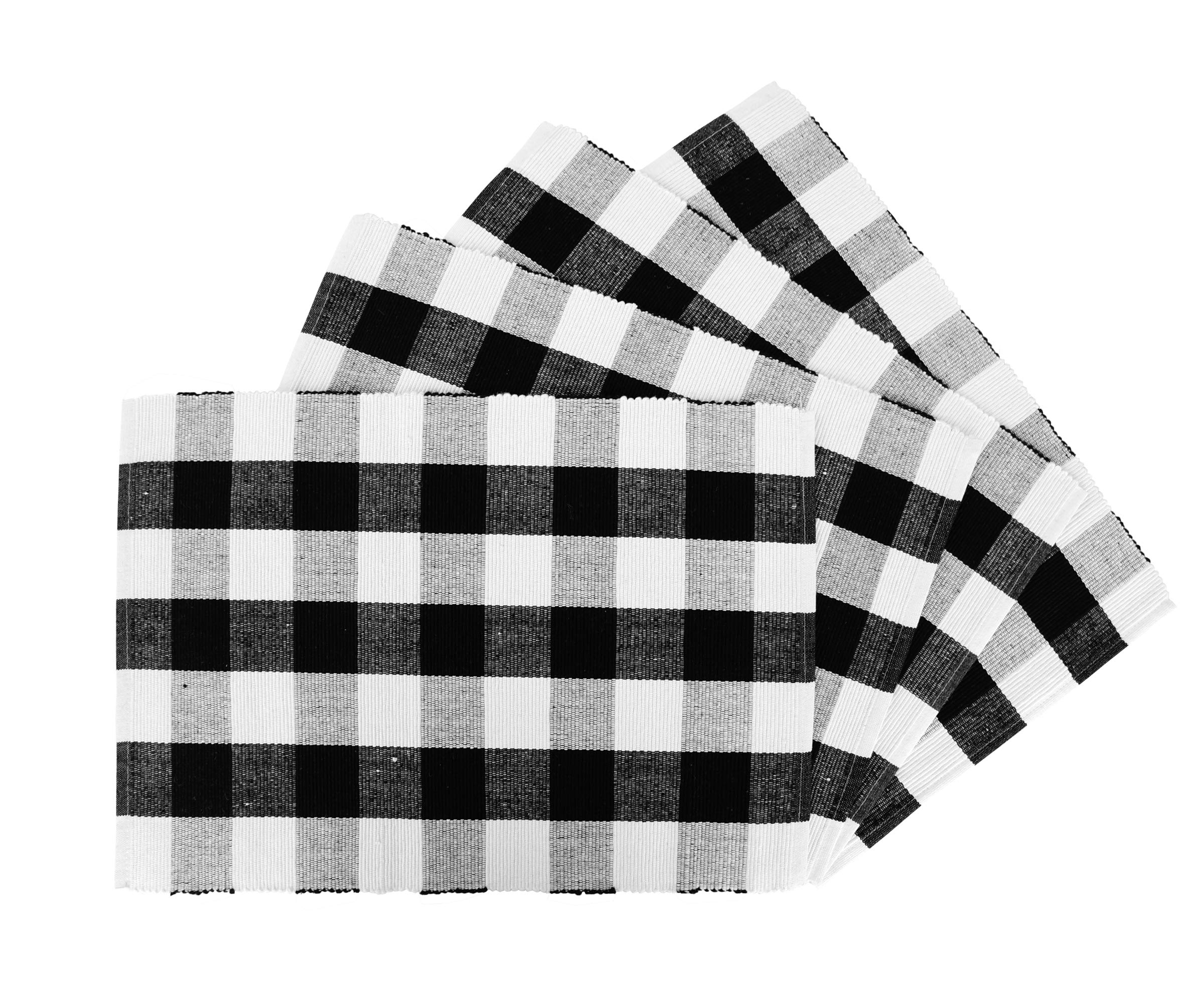 Black Cotton Placemats Set of 4 - Buffalo Plaid Checkered Table Mats 13x18 Inch - 100% Washable Linen Fabric for Dining Table - Rustic Farmhouse Decor for Thanksgiving, Christmas & Everyday Use