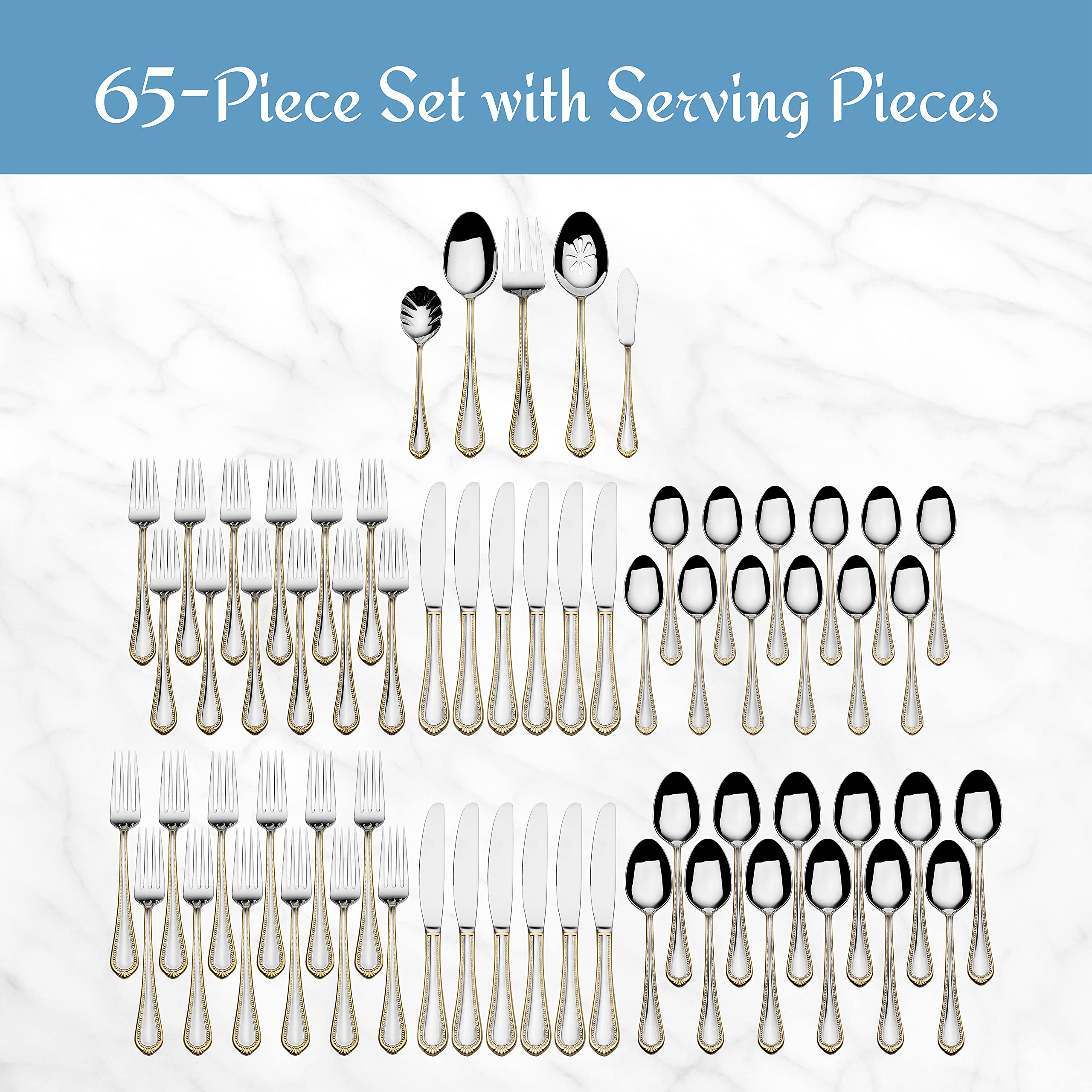 Mikasa 65-Piece 18/10 Stainless Steel Flatware Set with Gold Accent - Service for 12 Includes Serving Utensils - Elegant Dinnerware for Formal Dining, Weddings & Special Occasions