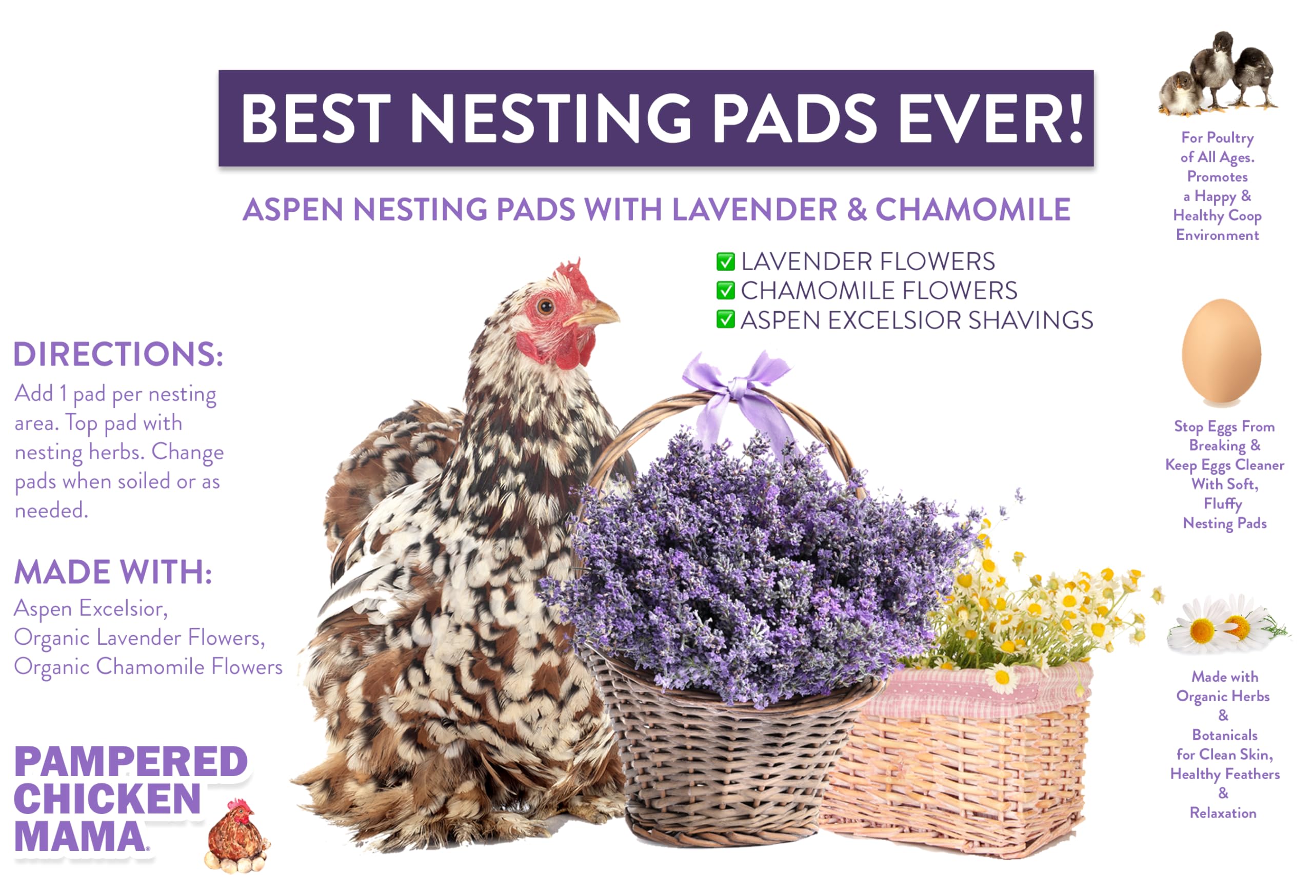 Premium Aspen Chicken Nesting Pads with Lavender & Chamomile - 5 Count | Soft Fluffy Nesting Liners, Herbal Bedding for Egg Laying, Coop Supplies - Perfect for Backyard Chickens & Poultry Comfort