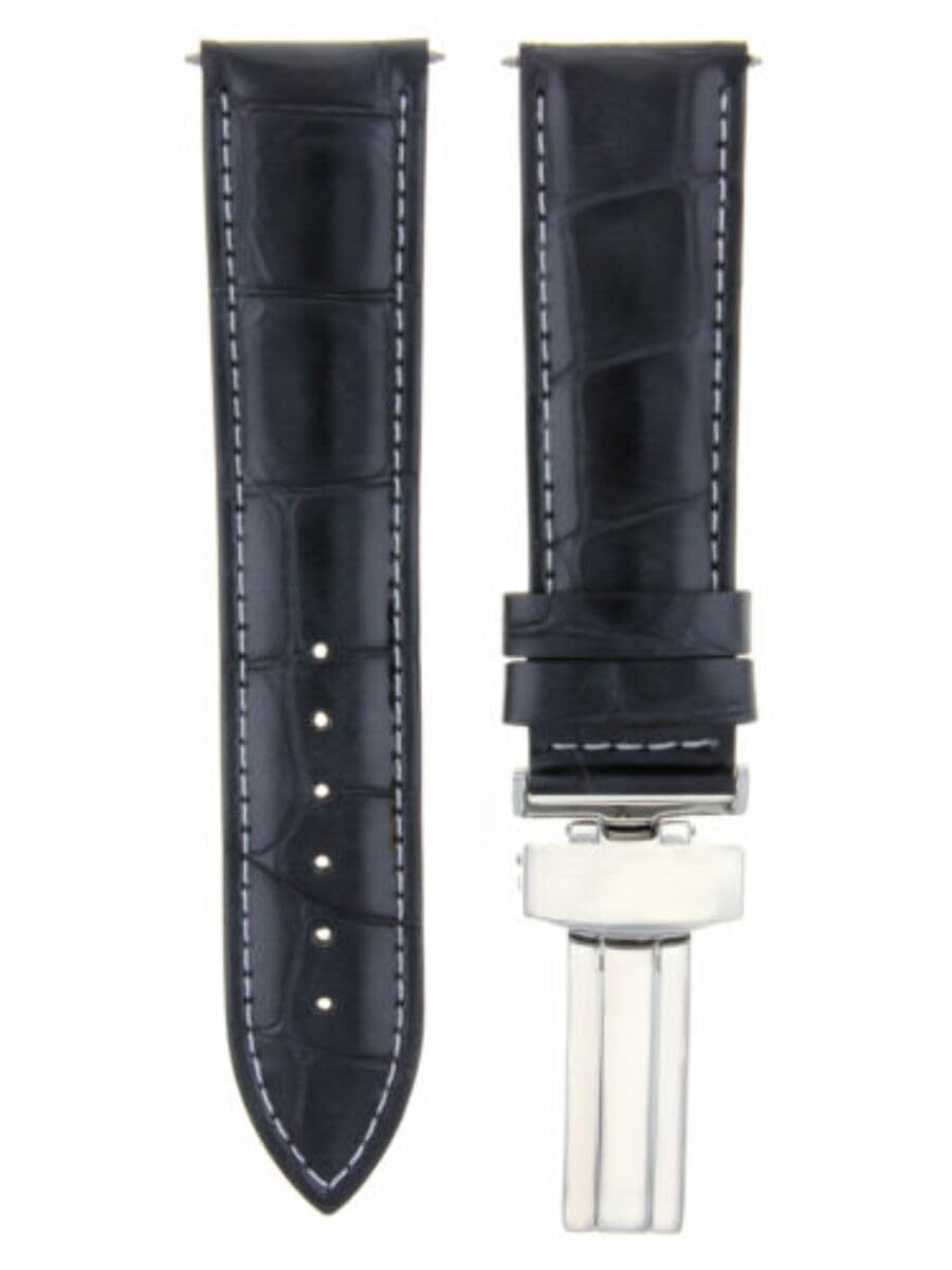 19mm Genuine Leather Watch Band Strap with Deployment Clasp - Compatible with Chopard Watches - Black with White Stitching - Premium Replacement Watch Strap for Dress Watches & Formal Occasions