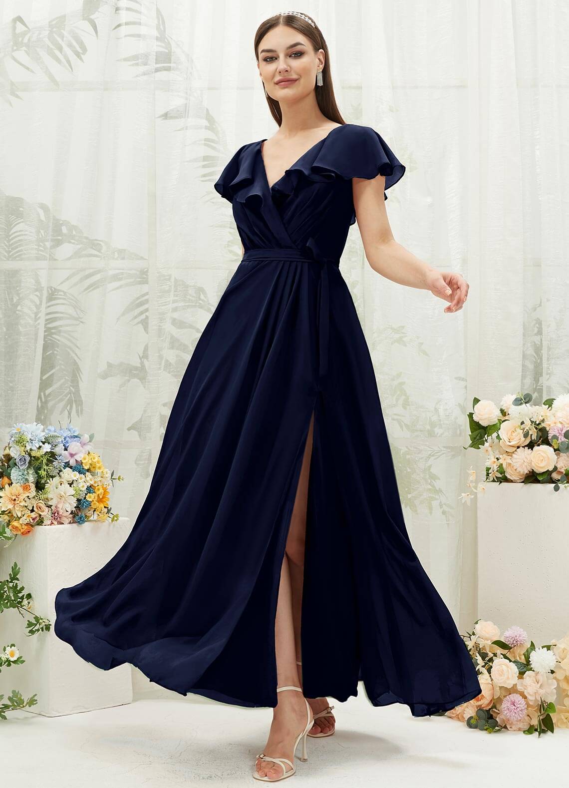 Elegant Dark Navy Chiffon Bridesmaid Dress with Ruffle Sleeves & V-Neck - Perfect for Weddings, Formal Events & Evening Parties