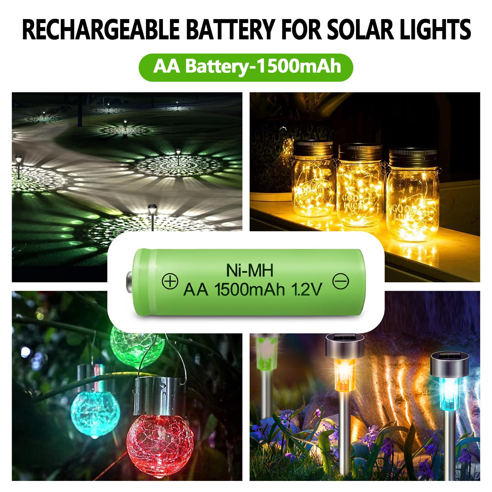 High Capacity 1.2V AA Rechargeable NiMH Batteries (1500mAh, 8-Pack) - Low Self Discharge for Solar Lights, Lanterns & String Lights | Perfect for Outdoor, Emergency & Decorative Lighting