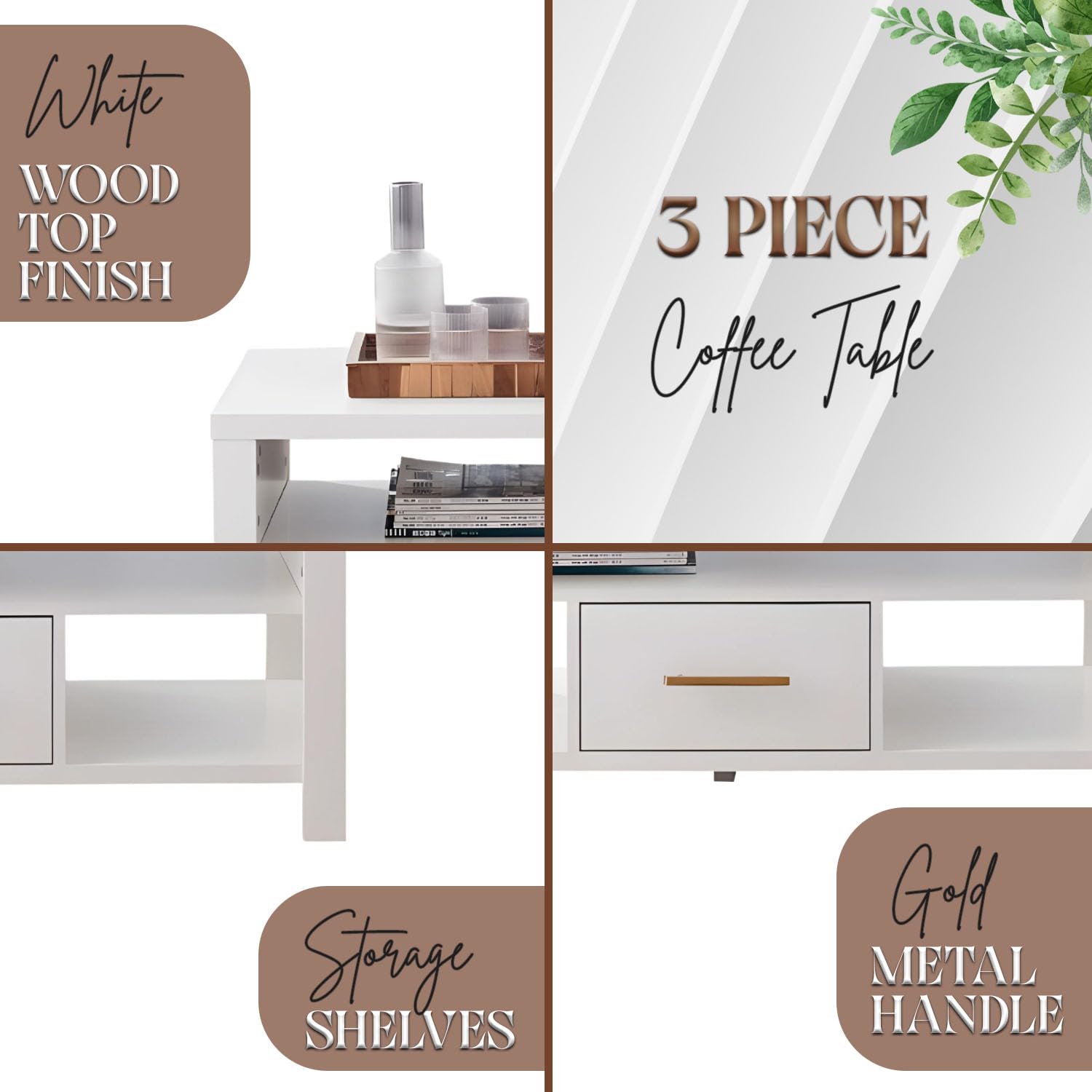 Kings Brand Furniture - Sendero 3-Piece Modern Coffee Table Set with Side Tables, High Storage Living Room Furniture in White - Perfect for Small Spaces, Home Decor & Entertaining Guests