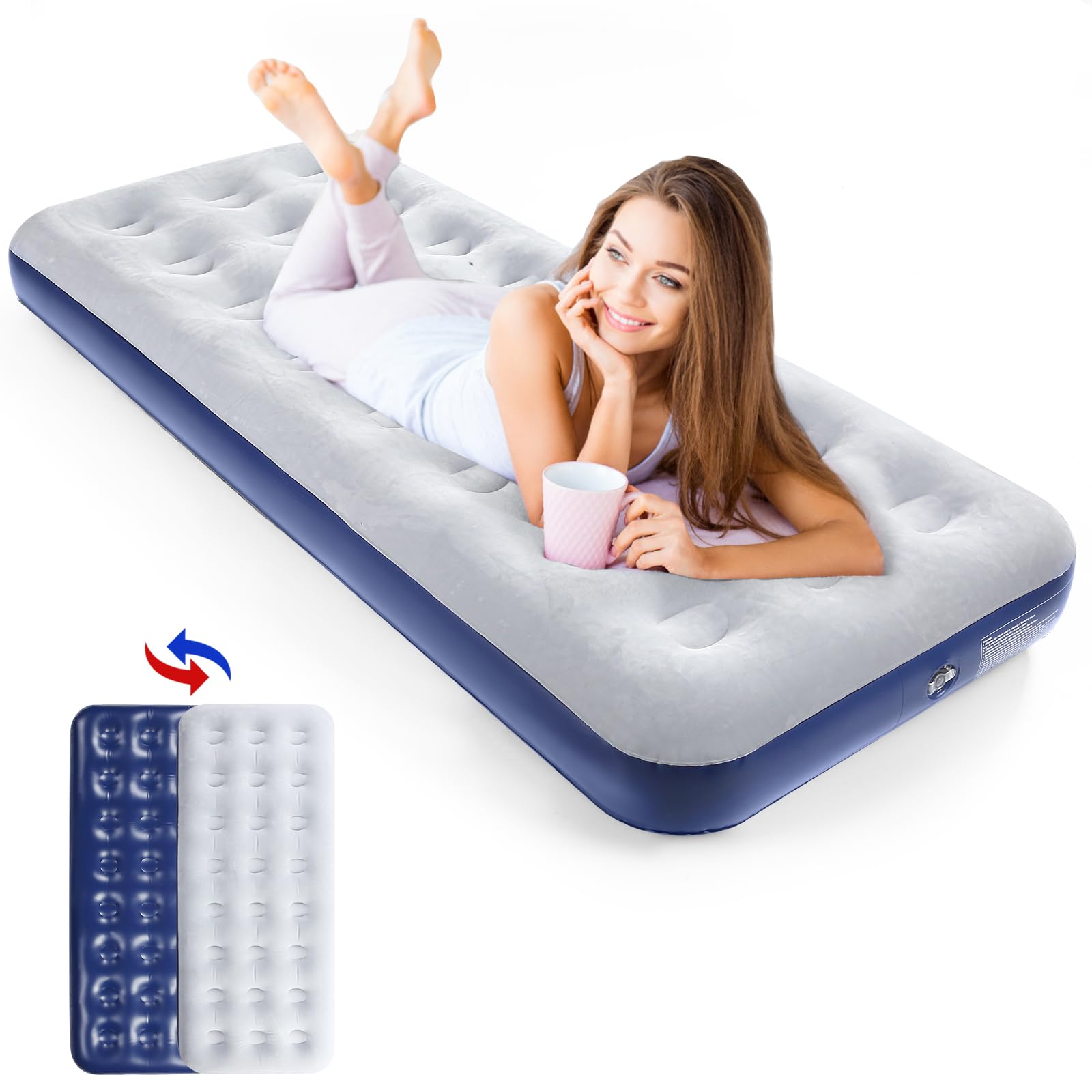Inflatable Camping Air Mattress with Flocked Surface - Portable Travel Air Bed for Outdoor Camping, Tent & Guest Use - Perfect for Backpacking, Hiking & Home Sleepovers