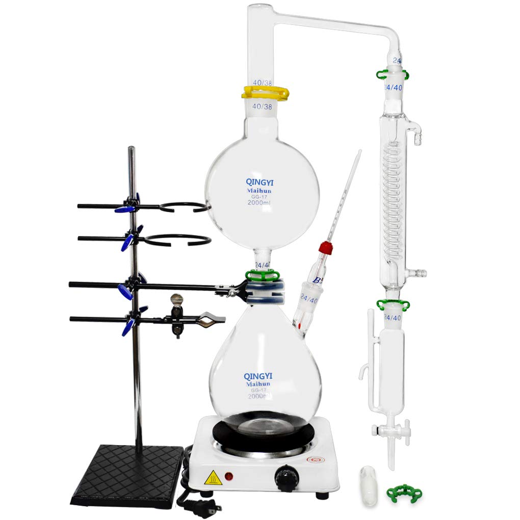 2000ml Essential Oil Distillation Kit with Graham Condenser, Hot Plate & Oil Separator - Lab Glass Steam Distiller for Aromatherapy, Herbal Extracts & Home Purification (Perfect for DIY Essential Oils, Hydrosols & Natural Remedies)