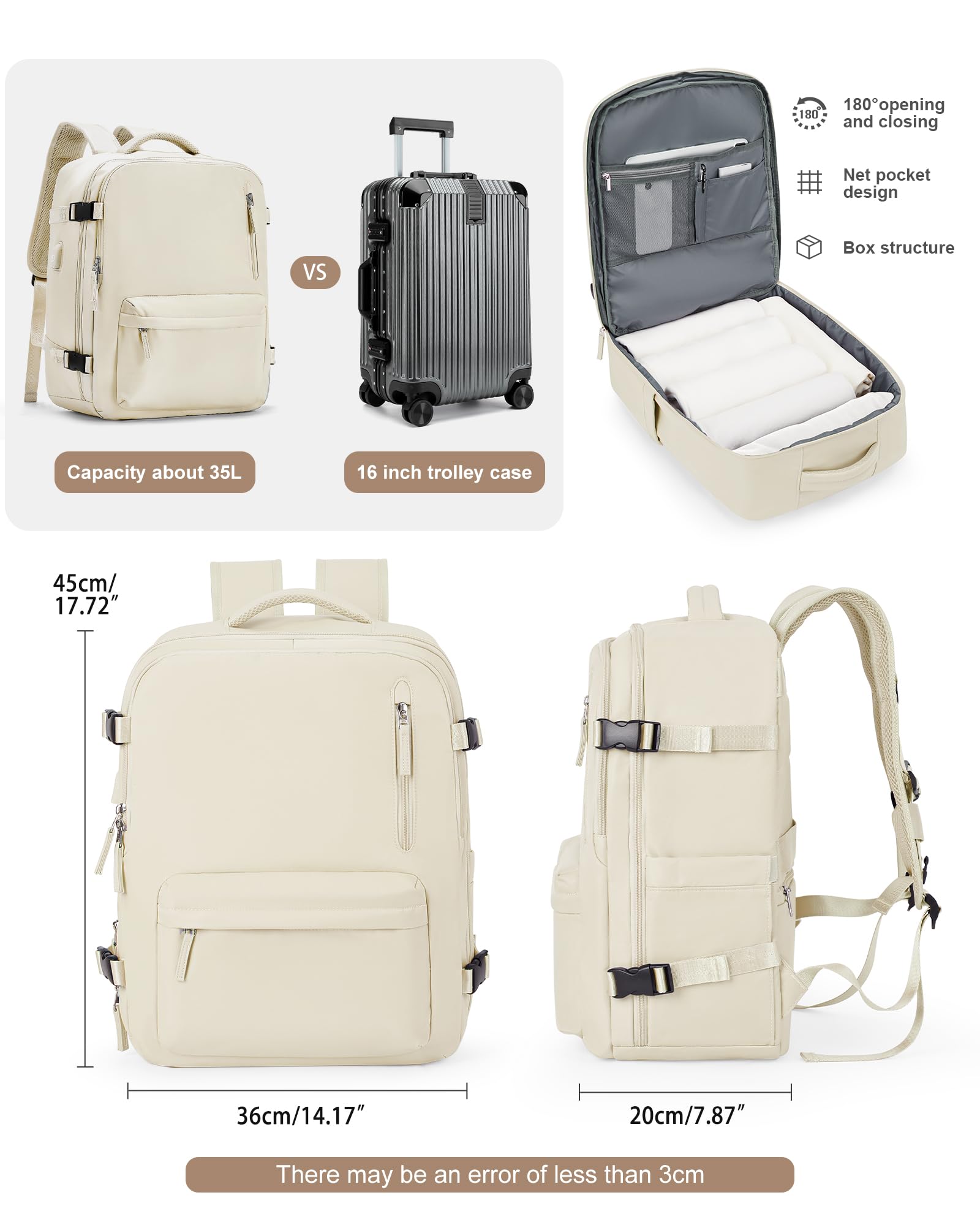 VGCUB Lightweight Travel Backpack for Women & Men - TSA Approved Carry-On Backpack, Water-Resistant Laptop Bag for College, Work & Daily Use - Perfect for Air Travel, Commuting & School (Beige)