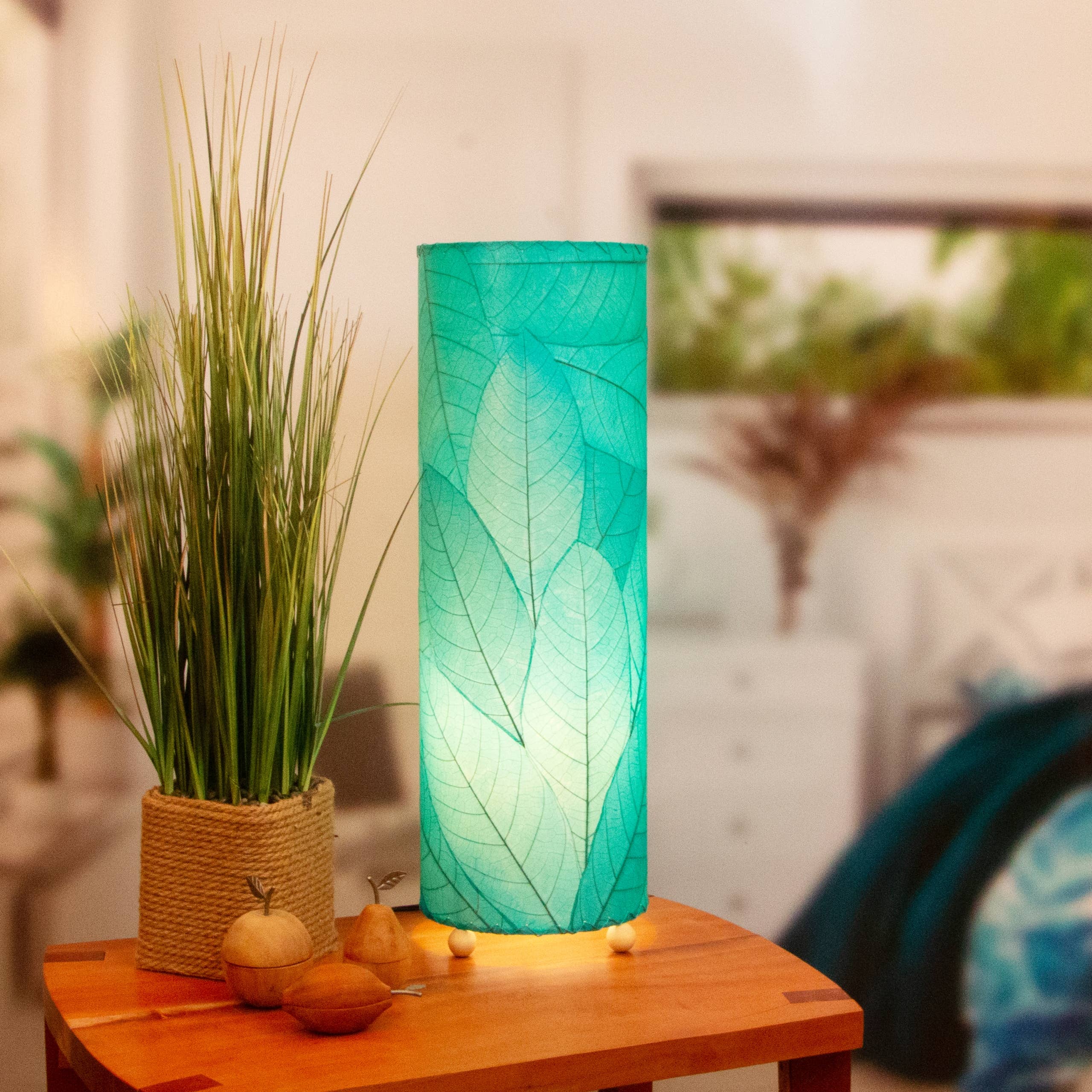 24 Inch Cocoa Leaf Cylinder Table Lamp in Sea Blue - Modern Home & Office Decor Lighting for Living Room, Bedroom, or Study