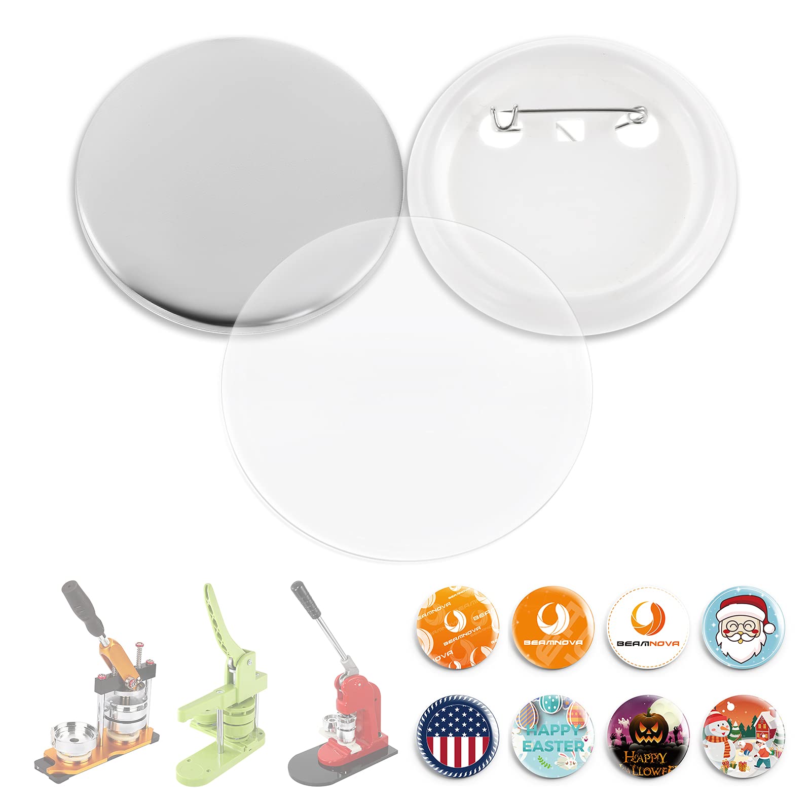 BEAMNOVA 1000 Sets Round Button Parts Kit - 25mm (1 Inch) DIY Pin Maker Supplies with Tinplate Top, Plastic Clip Bottom & Film for Button Maker Machine | Perfect for Crafting, Badge Making, School Projects & DIY Gifts