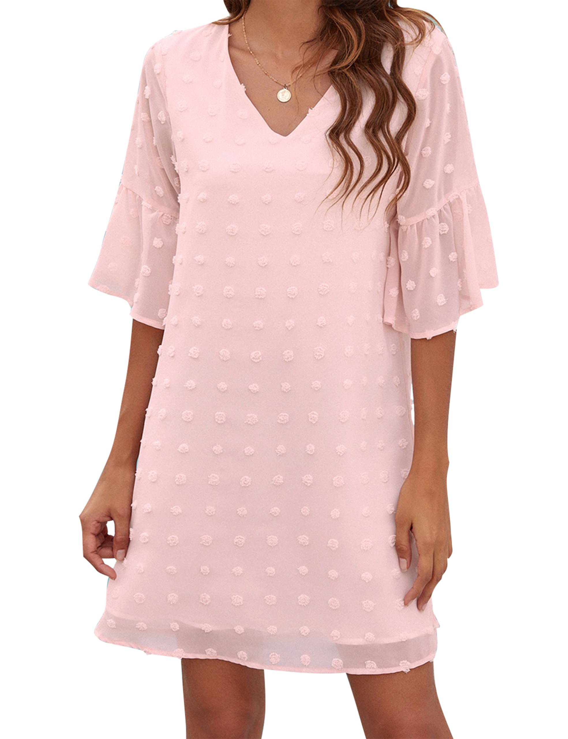 Blooming Jelly Women's White Summer Dress - Short Sleeve V-Neck Ruffle Chiffon Flowy Mini Shift Dress for Beach, Vacation & Casual Outings