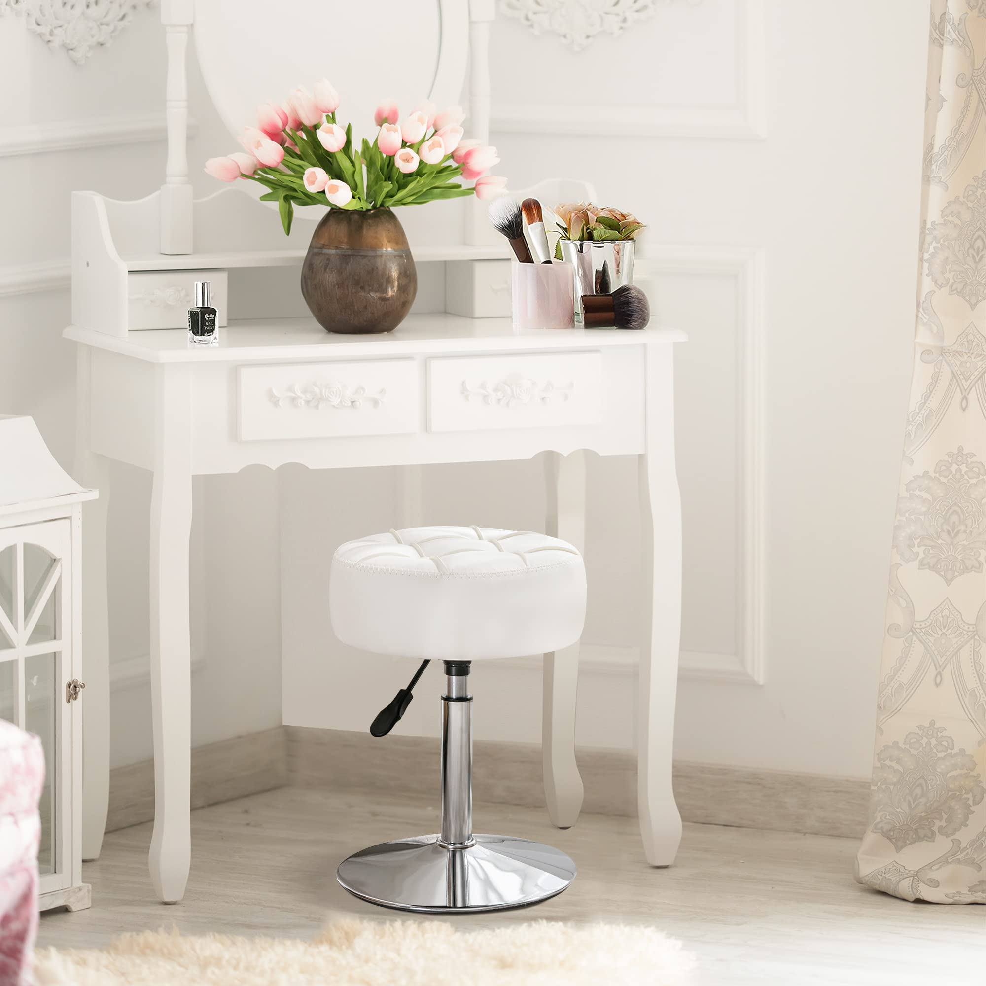 LUE BONA Adjustable Vanity Stool with 360° Swivel - White Faux Leather Makeup Chair for Bathroom, Bedroom & Living Room - Perfect for Dressing Table, Cosmetics Station and Home Decor