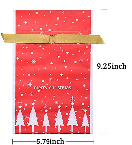 50 Pcs Christmas Candy Treat Bags - Plastic Drawstring Gift Bags for Holiday Party Favors, Birthday Snacks, Wedding Favors & Xmas Goodies (Green Tree Design) - Perfect for Christmas Parties, Classroom Treats & Gift Wrapping