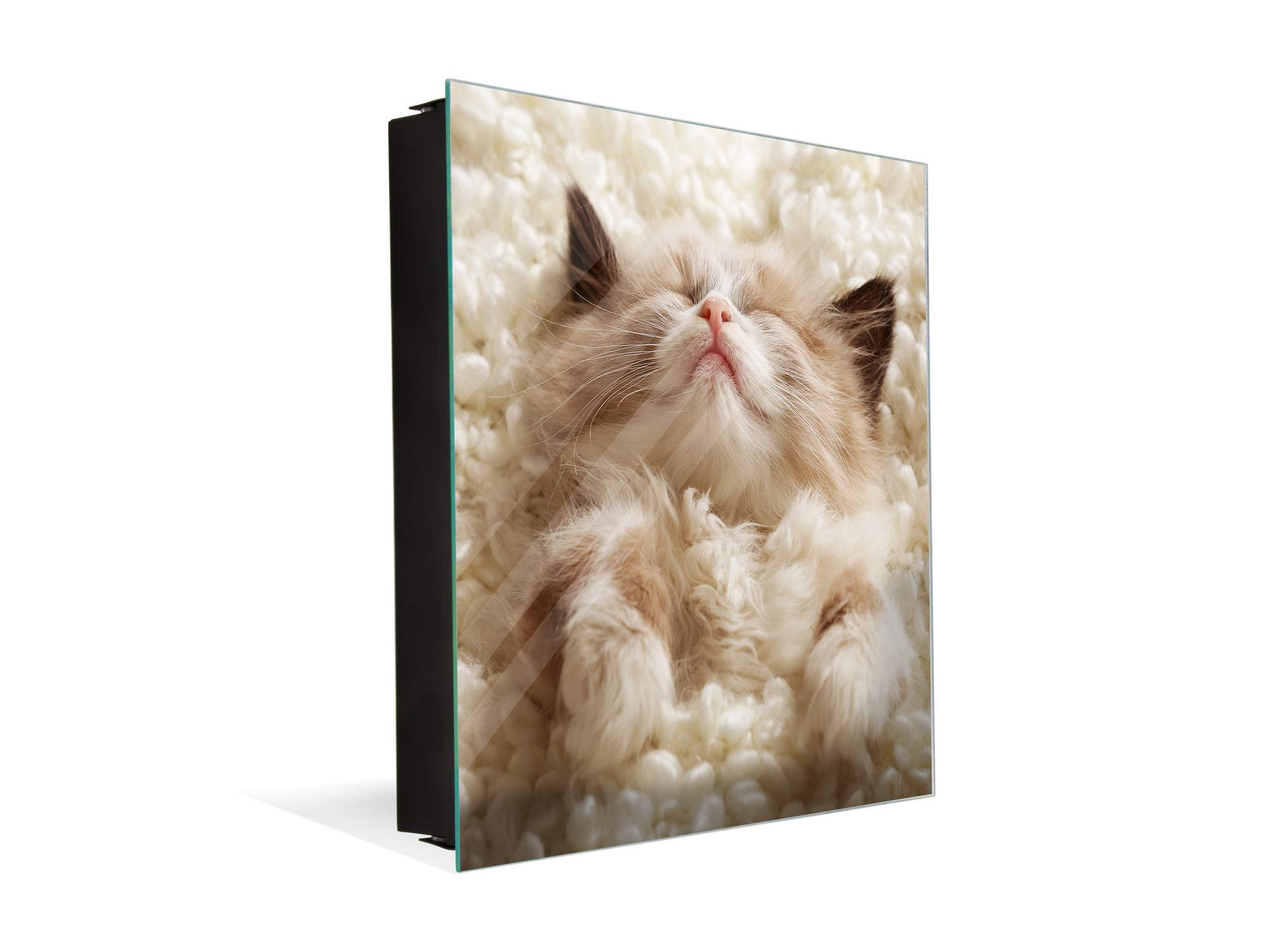 Decorative Key Storage Cabinet with Glass Whiteboard - K10A Little Kitten Sleeping Design | Wall-Mounted Organizer for Home, Office & Entryway | Perfect for Keys, Notes & Small Essentials