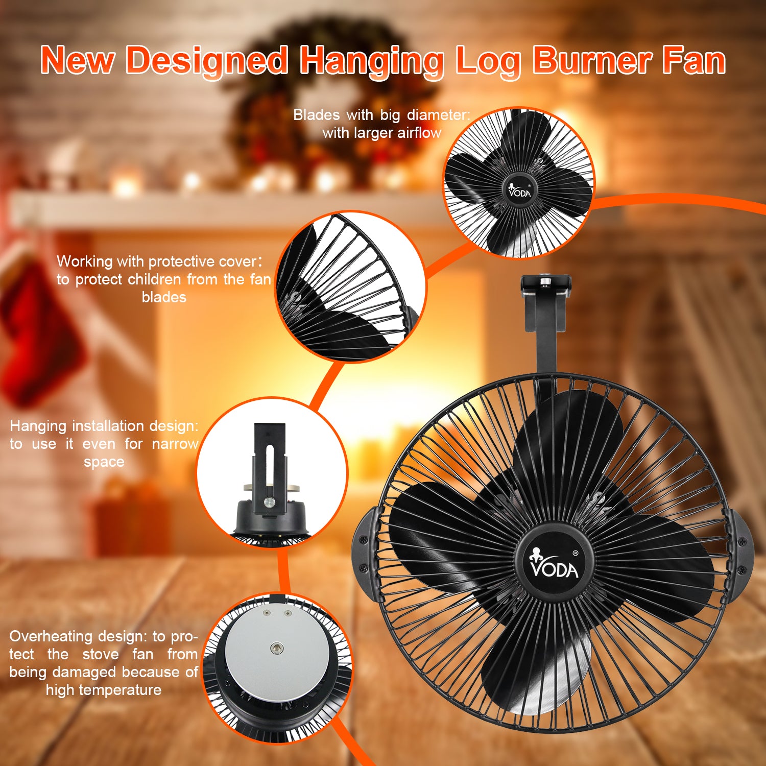 VODA Hanging Wood Stove Fan with Protective Shell - Efficient Heat Distribution for Fireplace, Cabin, and Camping Use